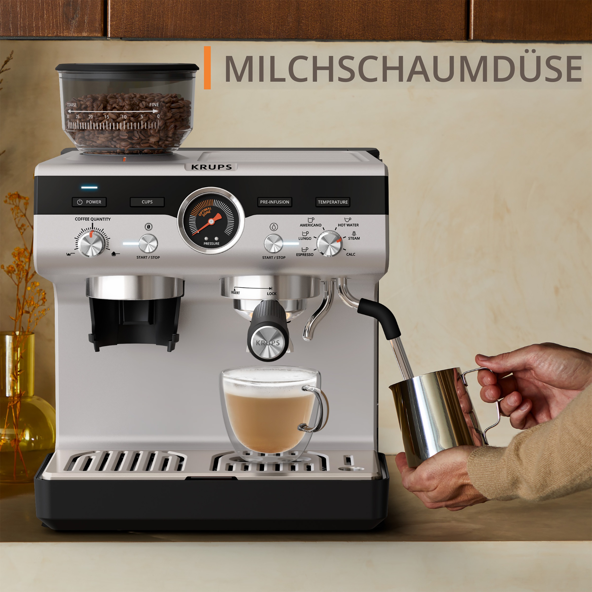 Krups Siebträgermaschine »XP801T Precision«, mit Mahlwerk, intuitive Bedienfläche, Pre-Infusion-Einstellungen