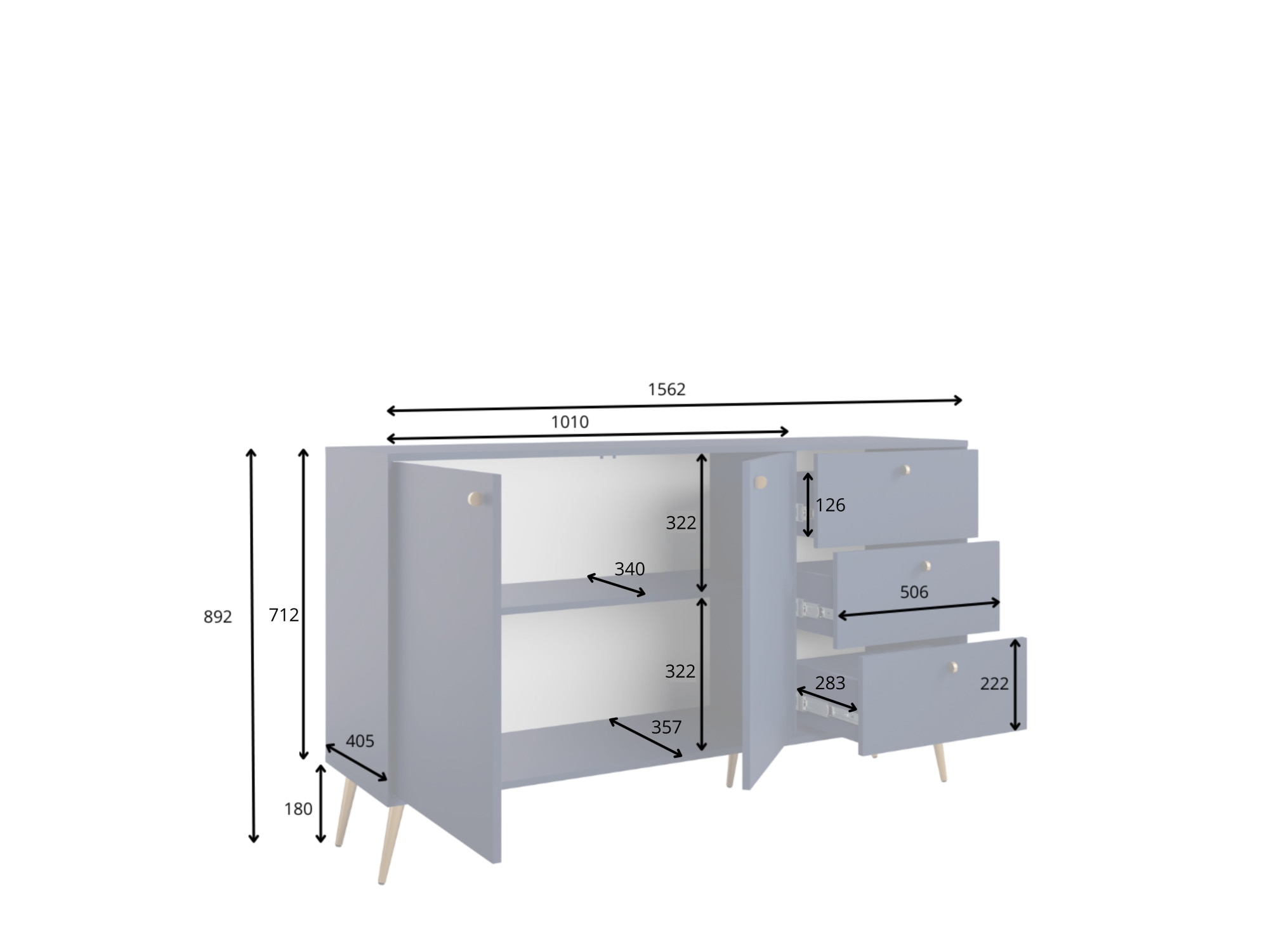 Home affaire Kommode »ROMILDA Sideboard mit 3 Schubladen und 2 Türen, B/T/H: 156/40,5/89 cm« Kommode mit goldenen Griffen auf goldenen Füßen, viel Stauraum