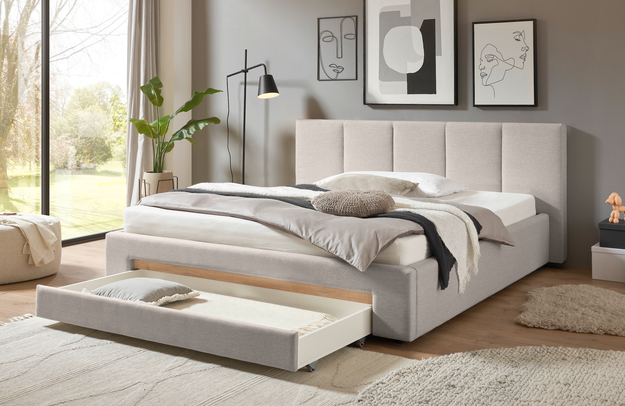 INOSIGN Polsterbett »CiTY/GiRON, Bettgestell mit Bettkasten, gepolstertes Stauraumbett«, mit Hundebett oder Stauraumschublade, Bezug Cord-oder Leinenoptik