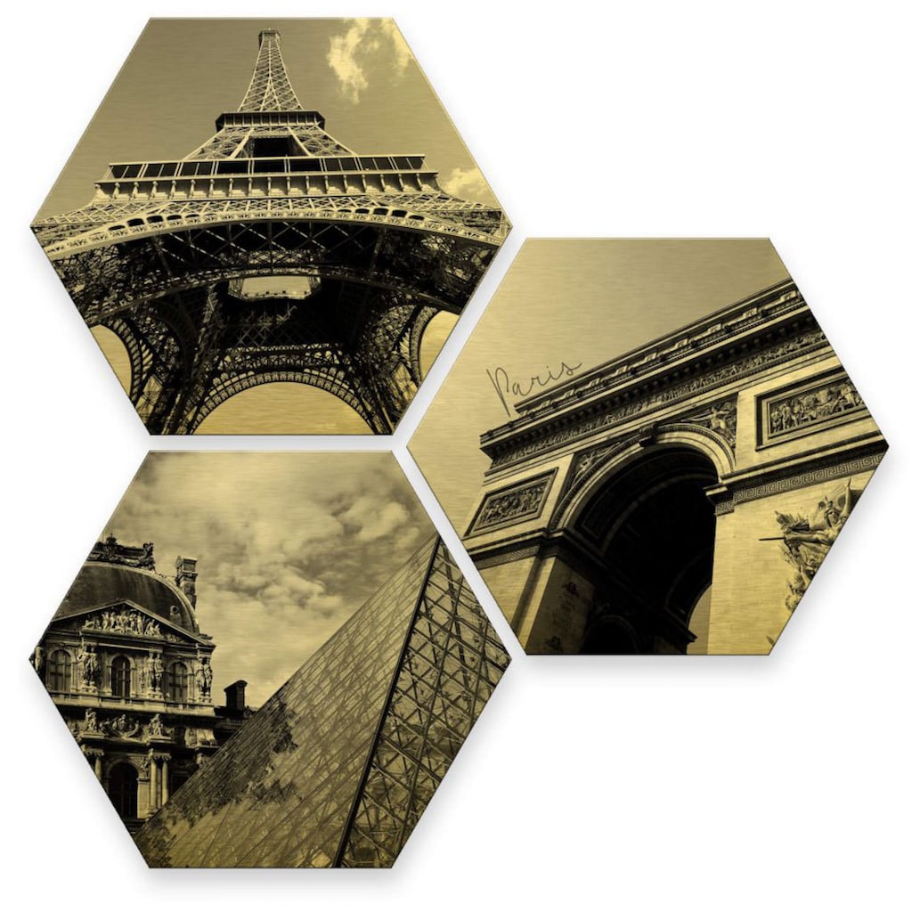 Wall-Art Mehrteilige Bilder »Goldeffekt Paris Collage Stadt«, Landschaften, (Set, 3 St.)