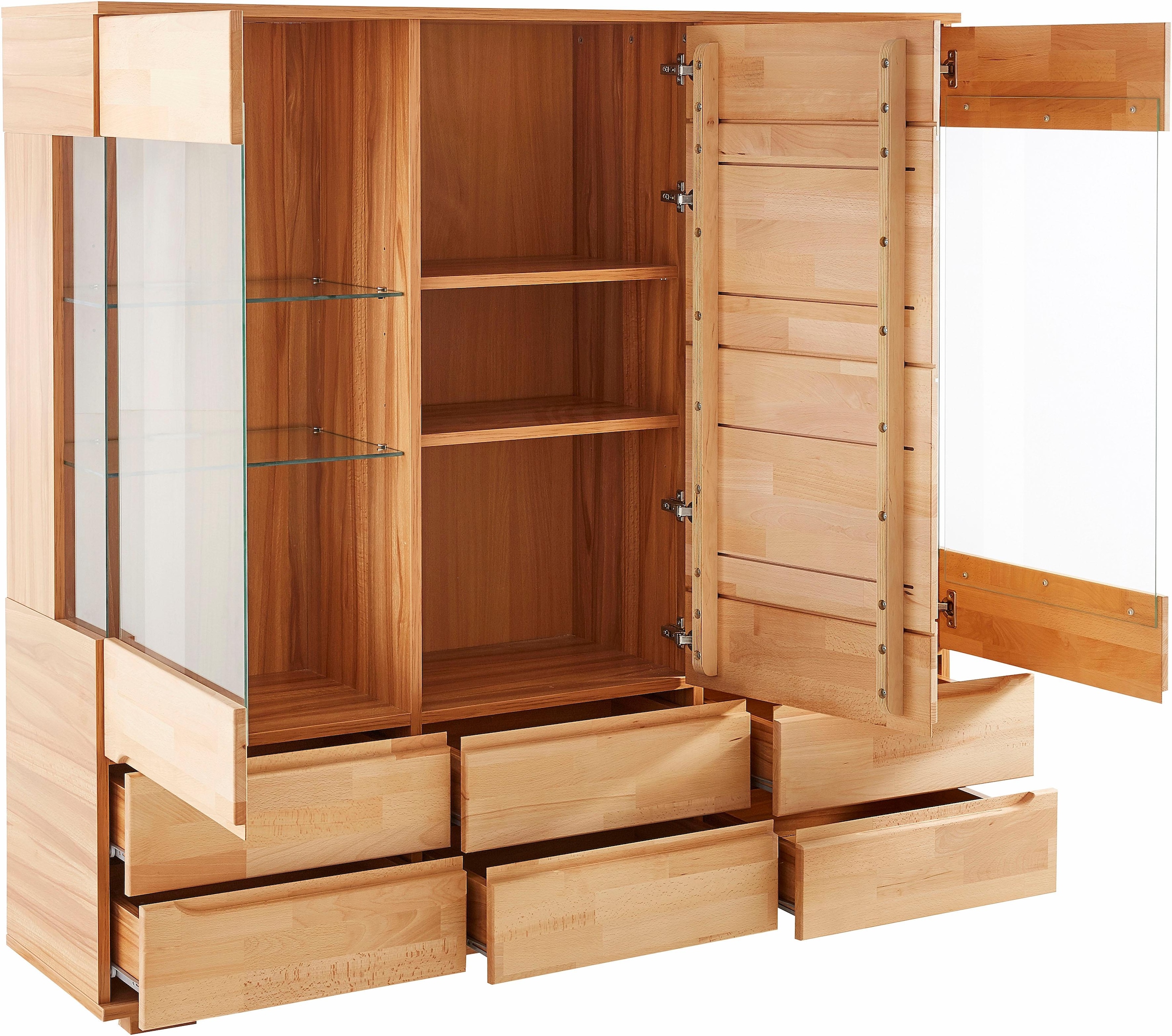 Home affaire Highboard »Vetro,150cm breit,40 cm tief,Fronten Massivholz,9 Fächer«, Kernbuche massiv, Holzwerkstoff, 3Türen,6 Schubladen, Griffmulden