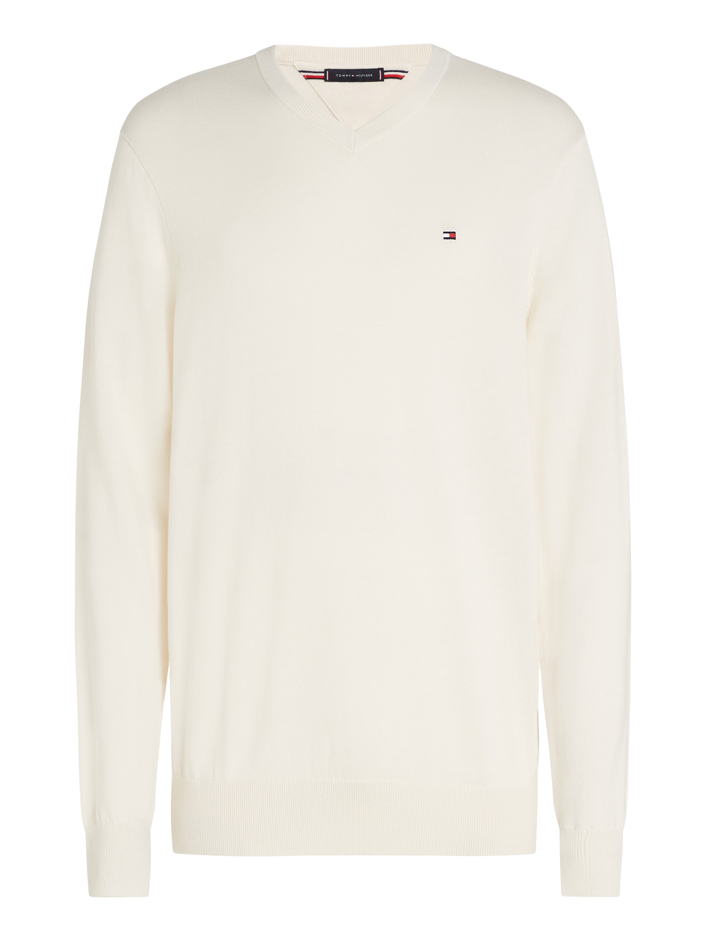 Tommy Hilfiger Strickpullover »ESSENTIAL COTTON V NECK mit V-Ausschnitt und Stickerei«, unifarben, casual, regular fit, Baumwolle, V-Ausschnitt