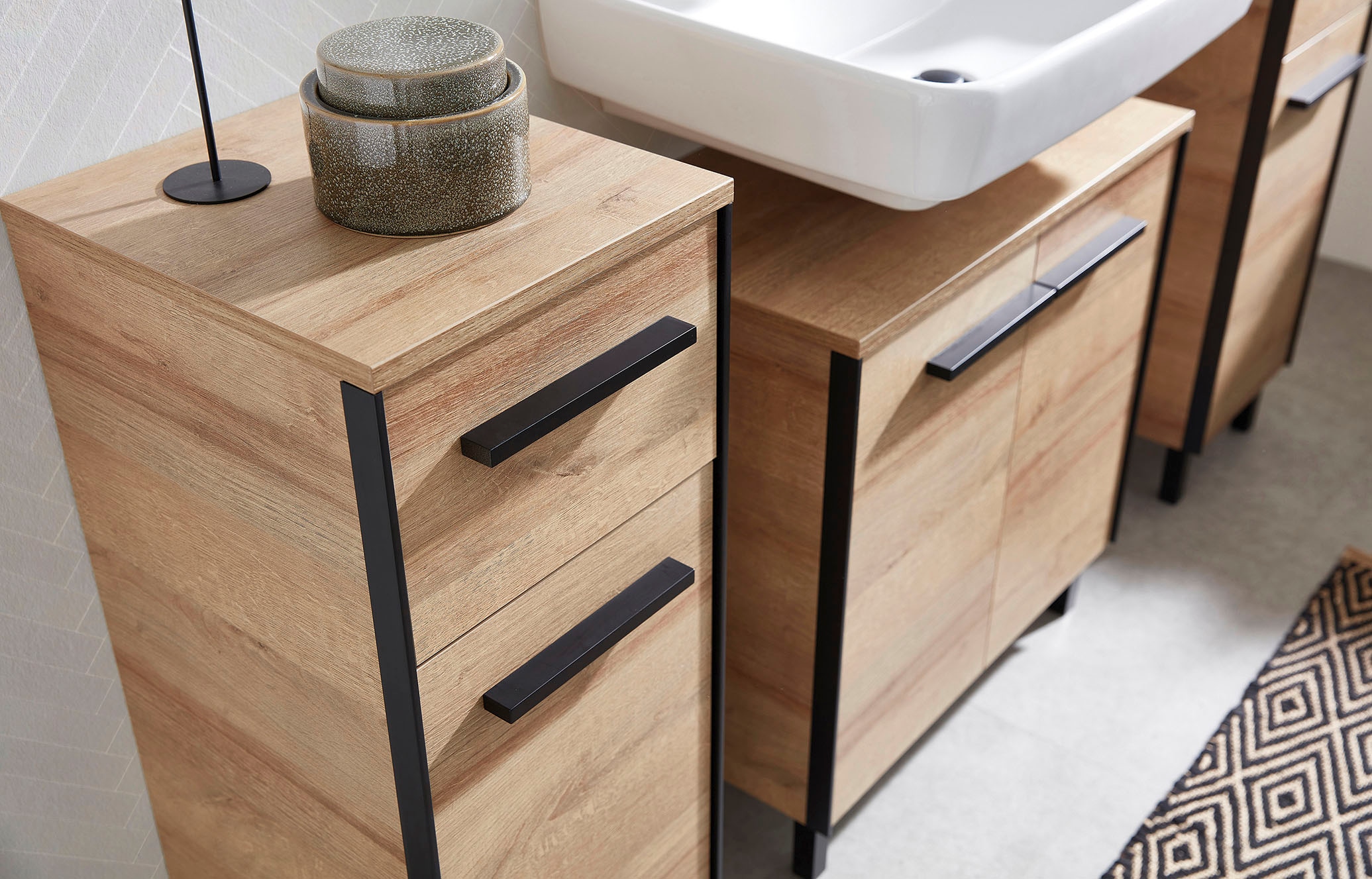 Saphir Unterschrank »Quickset 395 Badschrank, 1 Tür, 1 Schublade, 30cm breit, Griff Schwarz«, Badezimmermöbel inkl. Türdämpfer, Riviera Eiche quer Nachbildung
