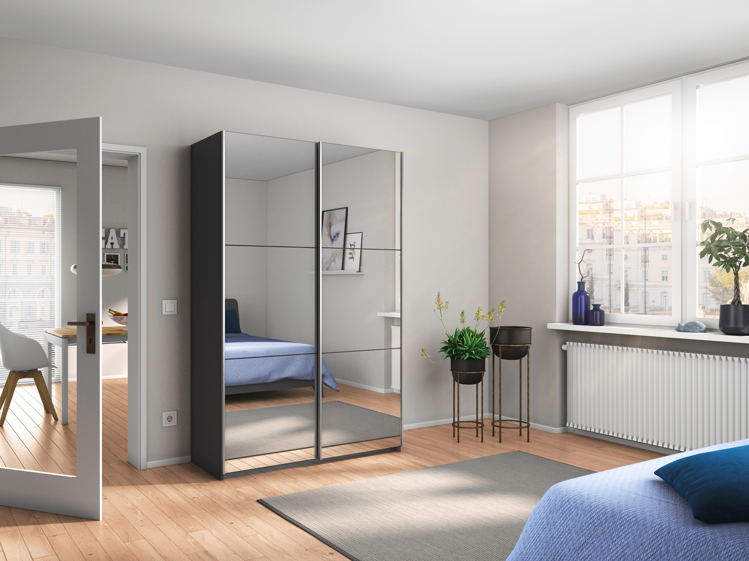 rauch Schwebetürenschrank »Kleiderschrank Schrank Garderobe REFLECT«, inkl. praktischer Innenausstattung mit 2 Stoffboxen MADE IN GERMANY