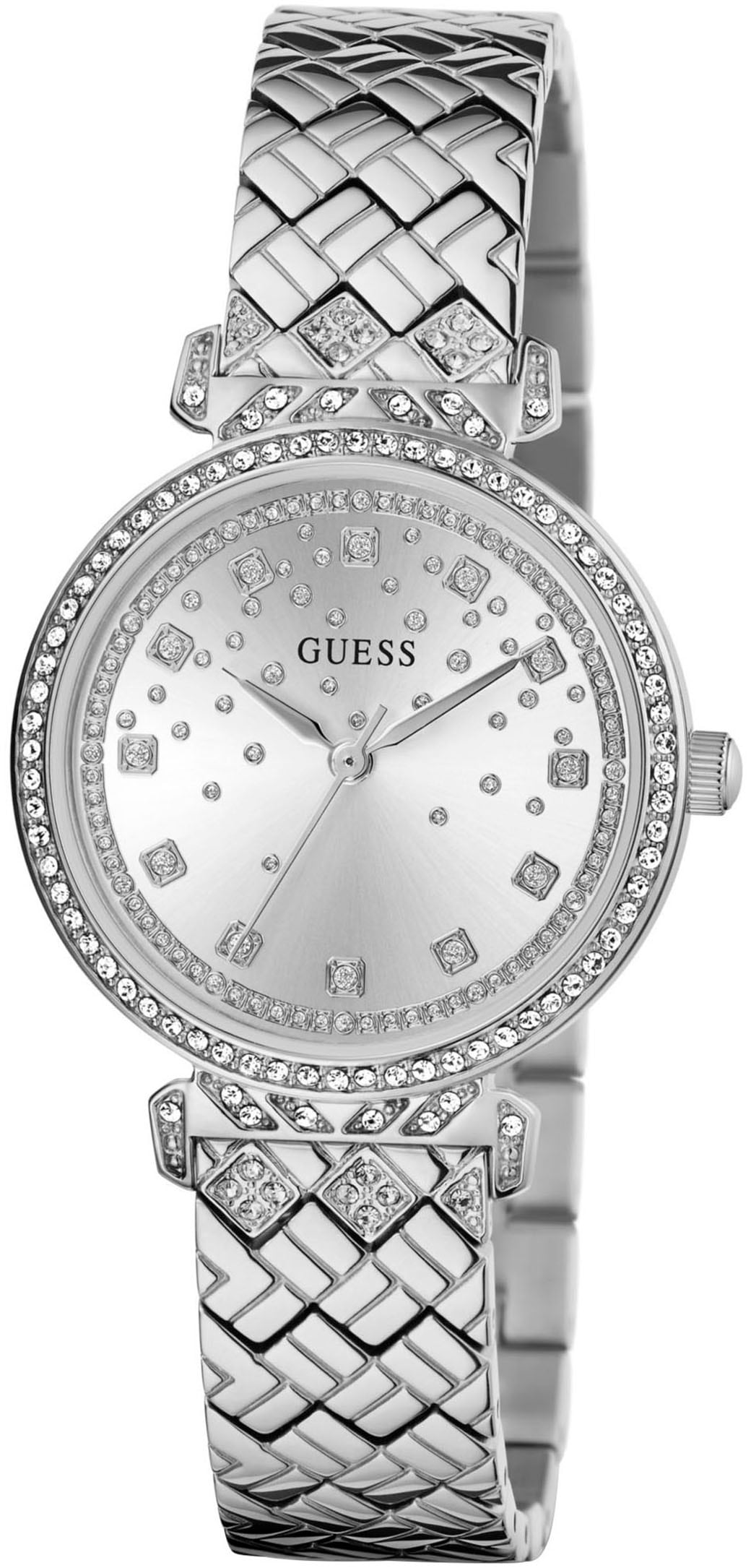 Guess Quarzuhr »ENCHANTMENT«, Armbanduhr, Damenuhr, Kristallsteine, Mineralglas, Edelstahlarmband
