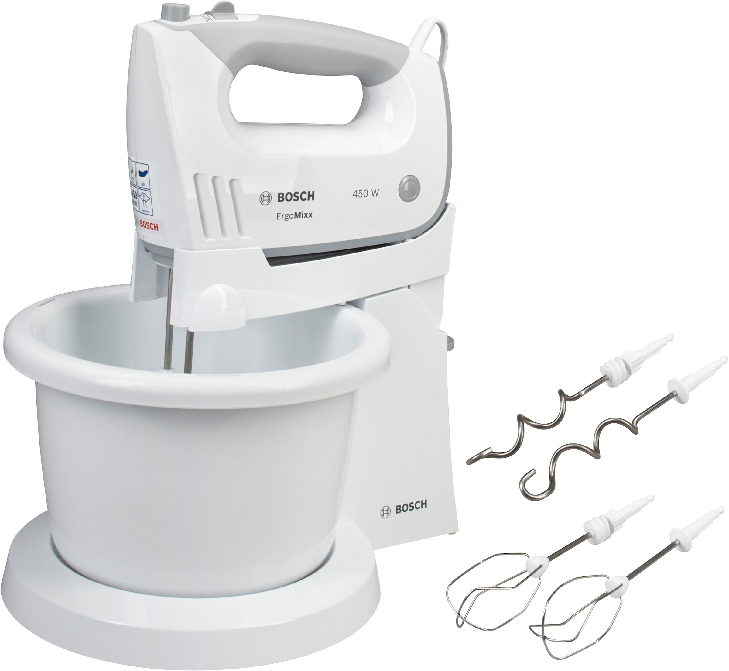 BOSCH Handmixer »ErgoMixx MFQ36460, Edelst. Besen/Knethaken, Ständer, Schüssel, weiß«, 450 W, 5 Stufen, ergon. Soft-Touch-Griff, Made in Europe