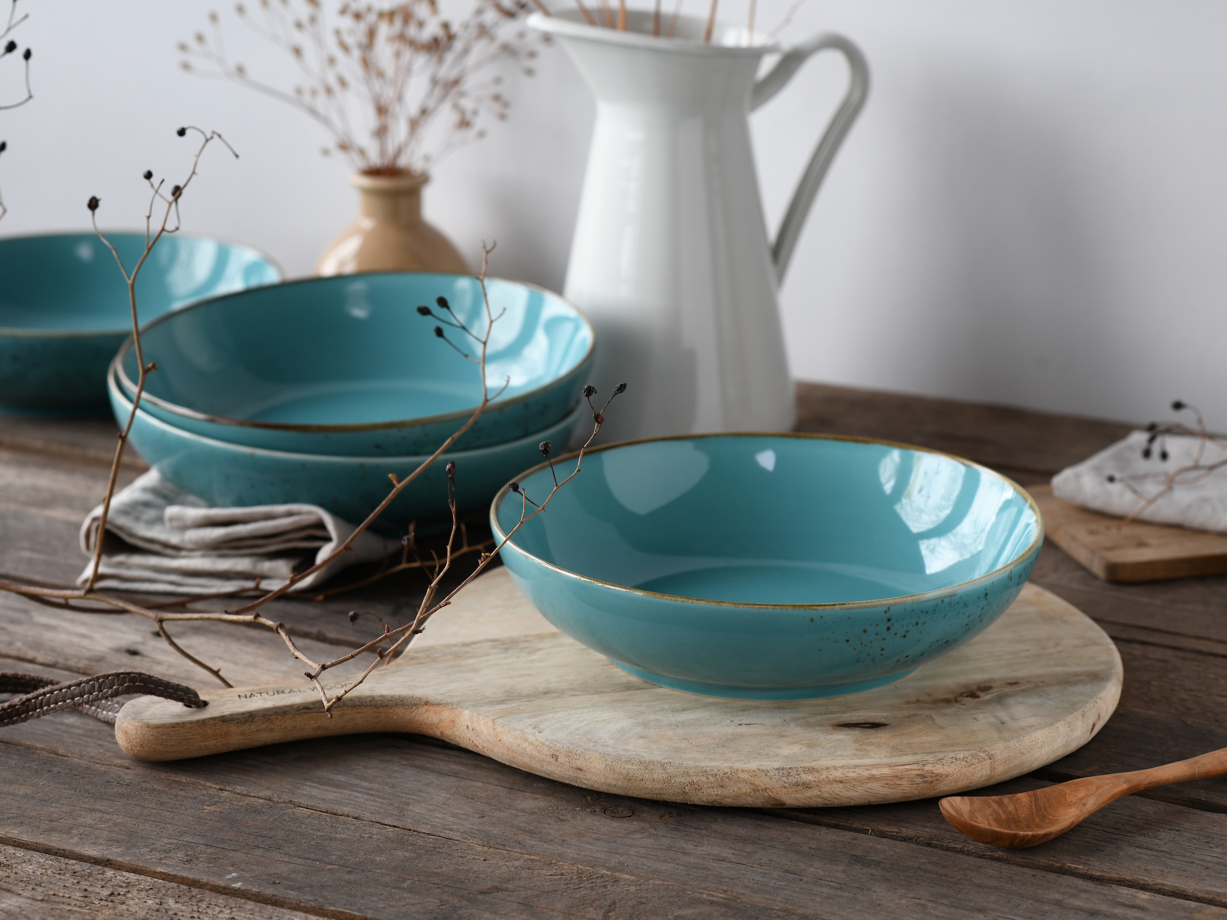 CreaTable Schale »Nature Collection, Poke Bowl, Ø 22,5 cm, 4-tlg«, 4 tlg., aus Steinzeug, Handwerklicher Look, Vintage, Höhe 5 cm