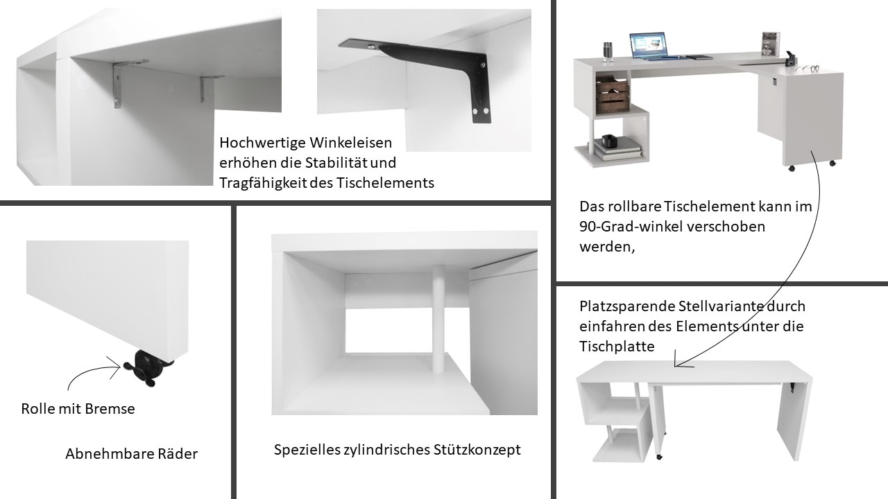 Places of Style Schreibtisch »Lopar, Eckschreibtisch«, rollbares Tischelement, großzügige Arbeitsfläche, Winkel 180x129 cm