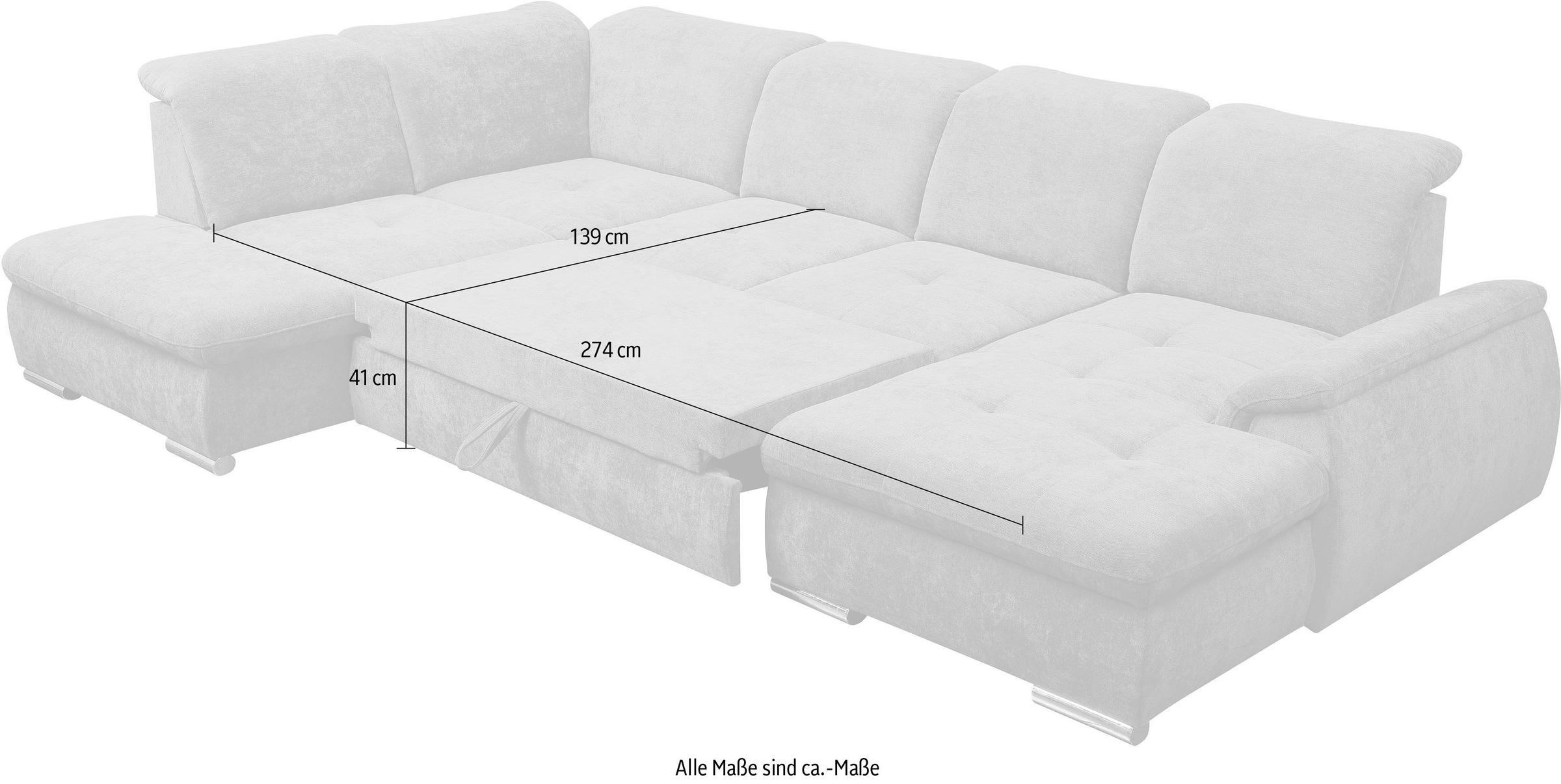 WERK2 Wohnlandschaft »Pula mit Bett & Bettkasten, Kopfteil- & Sitztiefenverstellung, bequem« U-Form, XXL, Schlaffunktion, Bettkasten, verstellbare Kopfteile