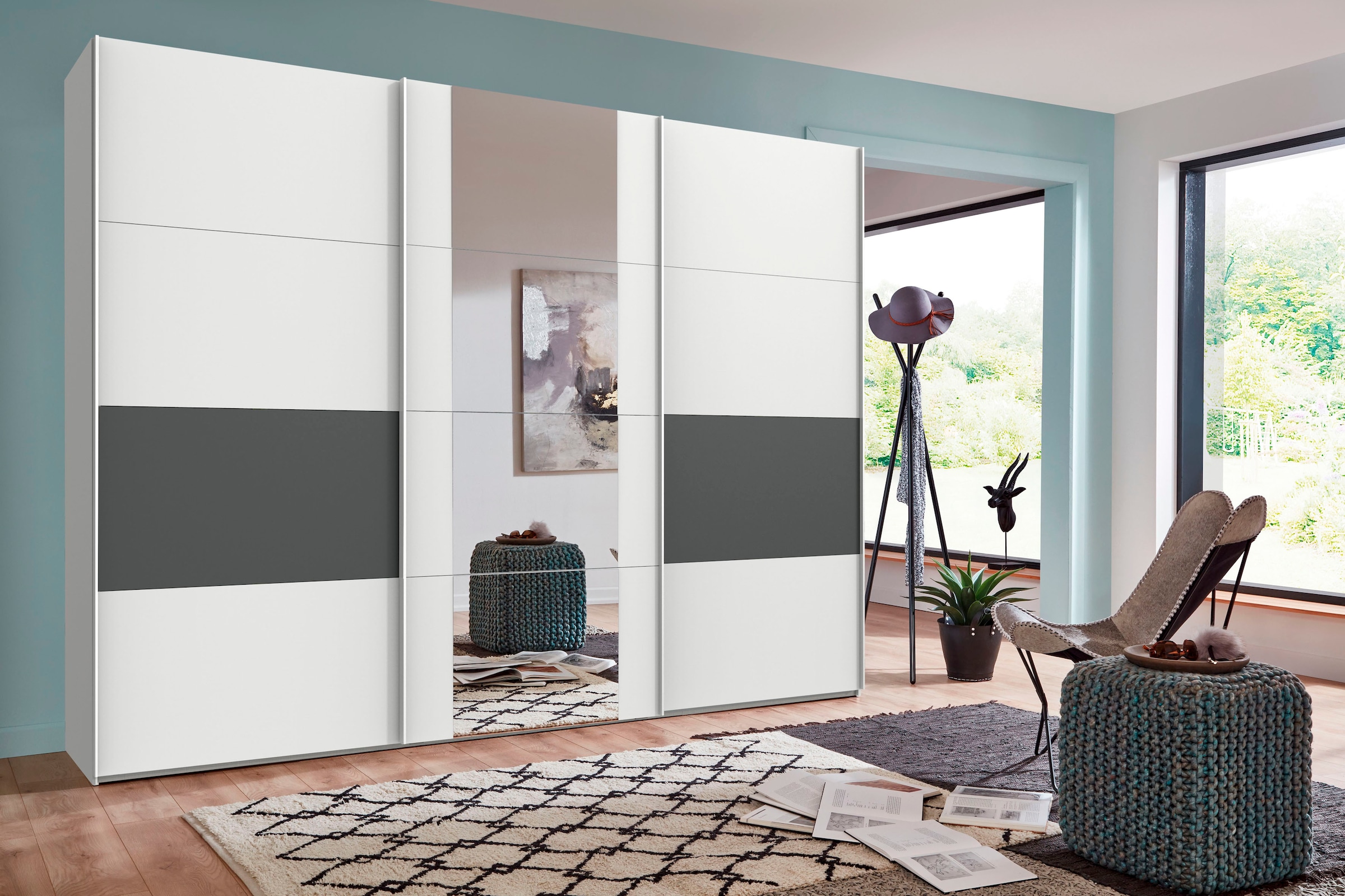 Wimex Schwebetürenschrank »Barmbek Schlafzimmerschrank BESTSELLER Garderobenschrank«, Kleiderschrank mit 2 Stoffboxen und 2 zusätzlichen Böden, Spiegeltür