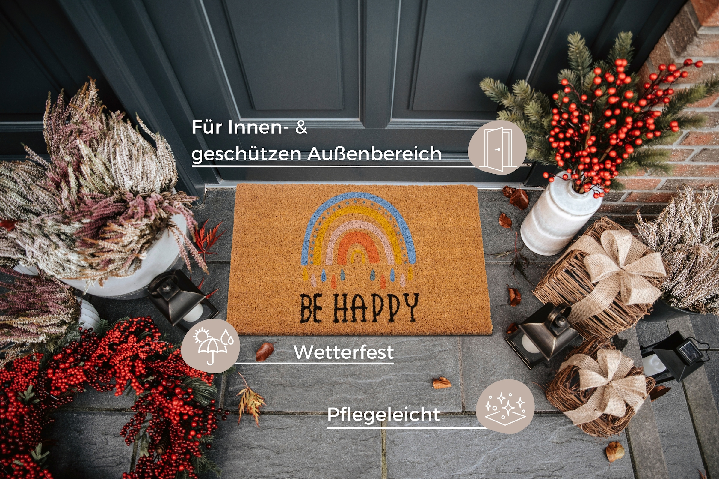 HANSE Home Fußmatte »Kokos Be Happy, Türmatte«, rechteckig, 15 mm Höhe, Schmutzfangmatte, Rutschfest, Outdoor, Innen, Außen, Kokosmatte, Flur