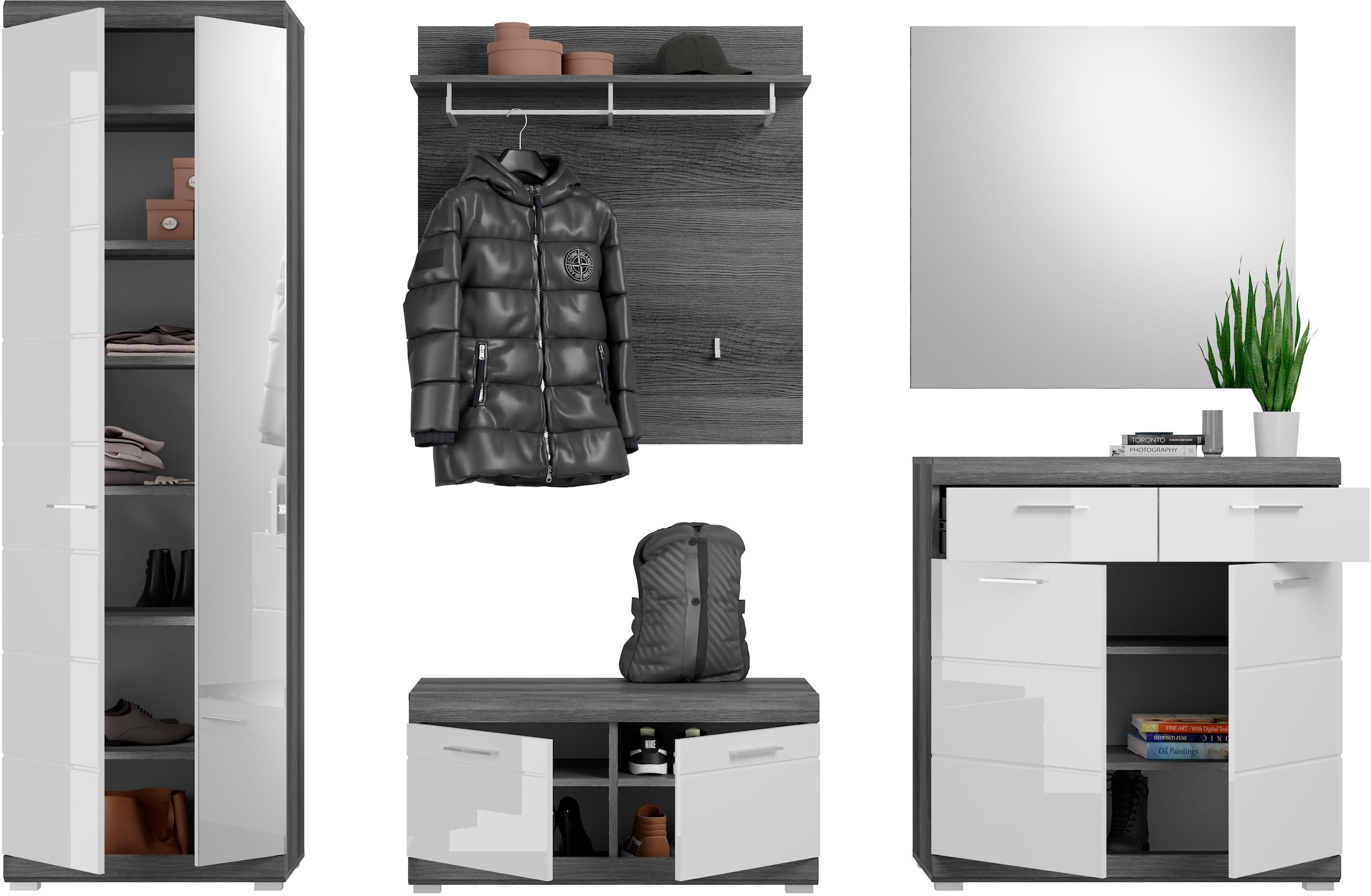 INOSIGN Garderoben-Set »Siena, Fronten mit hochwertiger Rillenfräsung, 5-teilig,bestehend aus:«, (3 St.), Garderobenschrank, Sitzbank, Garderobenpaneel, Schuhschrank, Spiegel