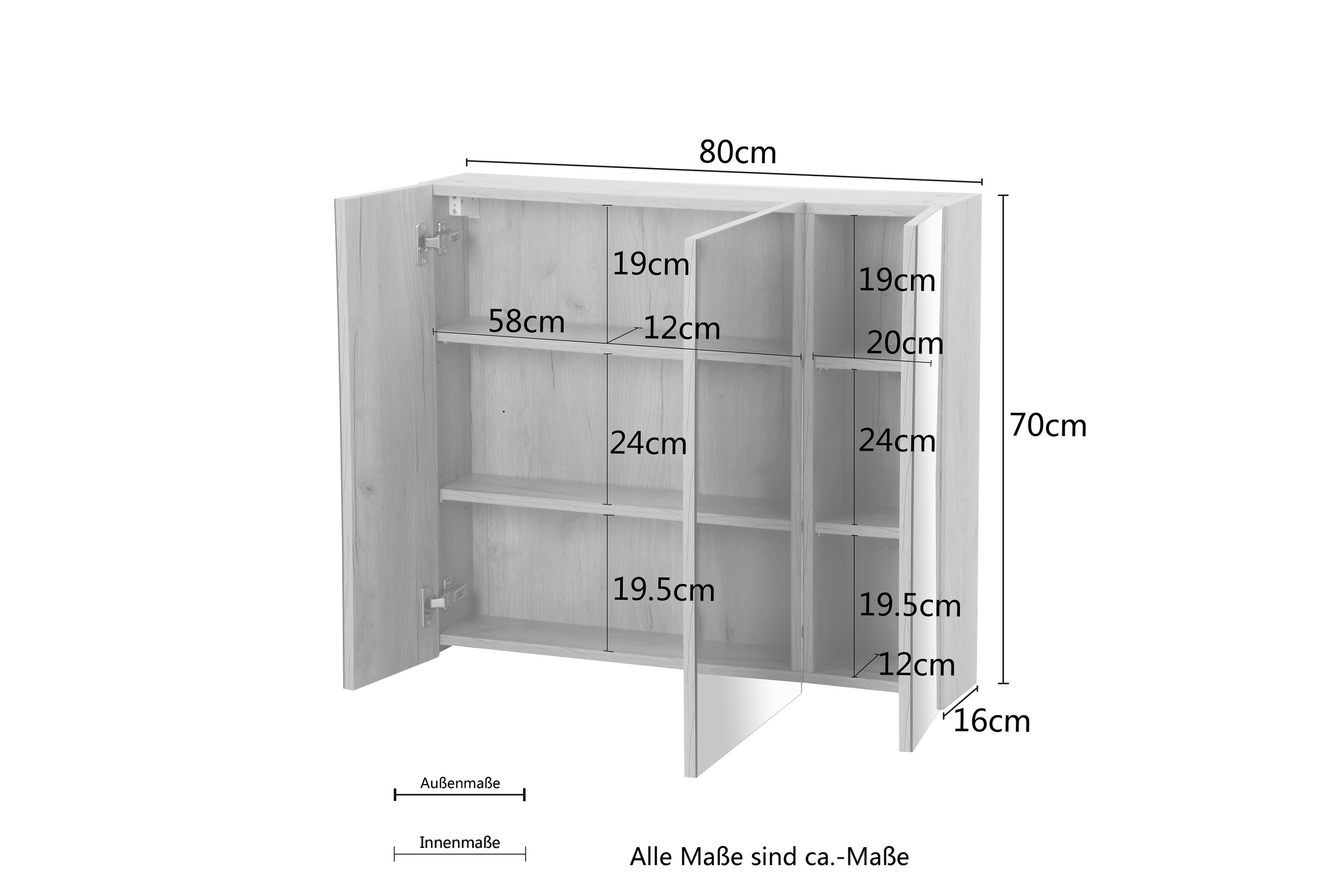 welltime Badmöbel-Set »Lund Badmöbel Set Badschrank Badezimmerset«, (Komplett-Set, 3 St.), Waschtisch, Spiegelschrank und Becken Breite 80cm