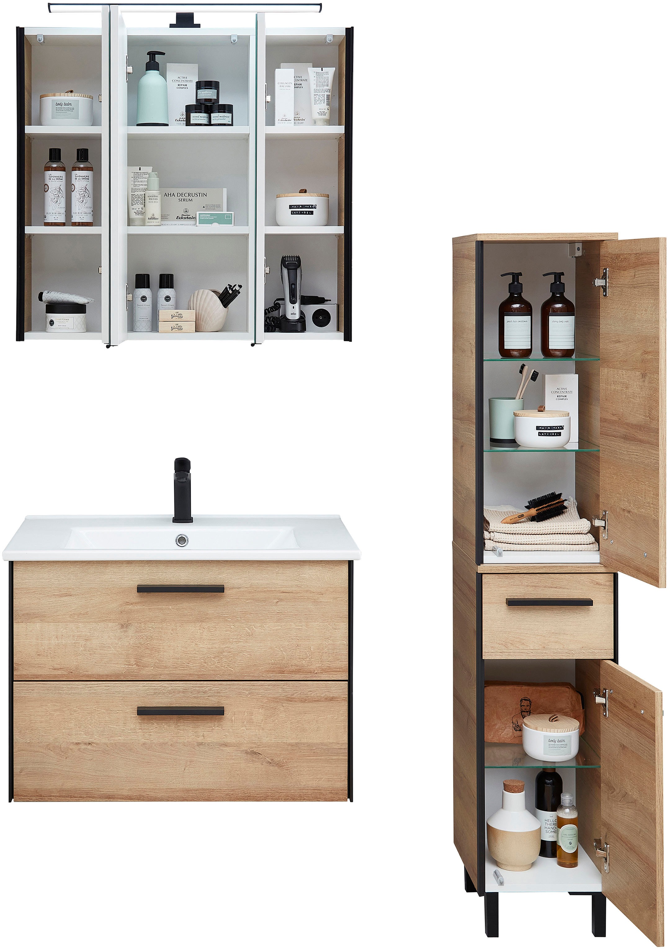 Saphir Badmöbel-Set »Quickset 395 3-teilig, Keramikwaschtisch mit LED-Spiegelschrank«, (5 St.), Midischrank, inkl. Türdämpfer, 5 Türen, 3 Schubladen, Bad-Set