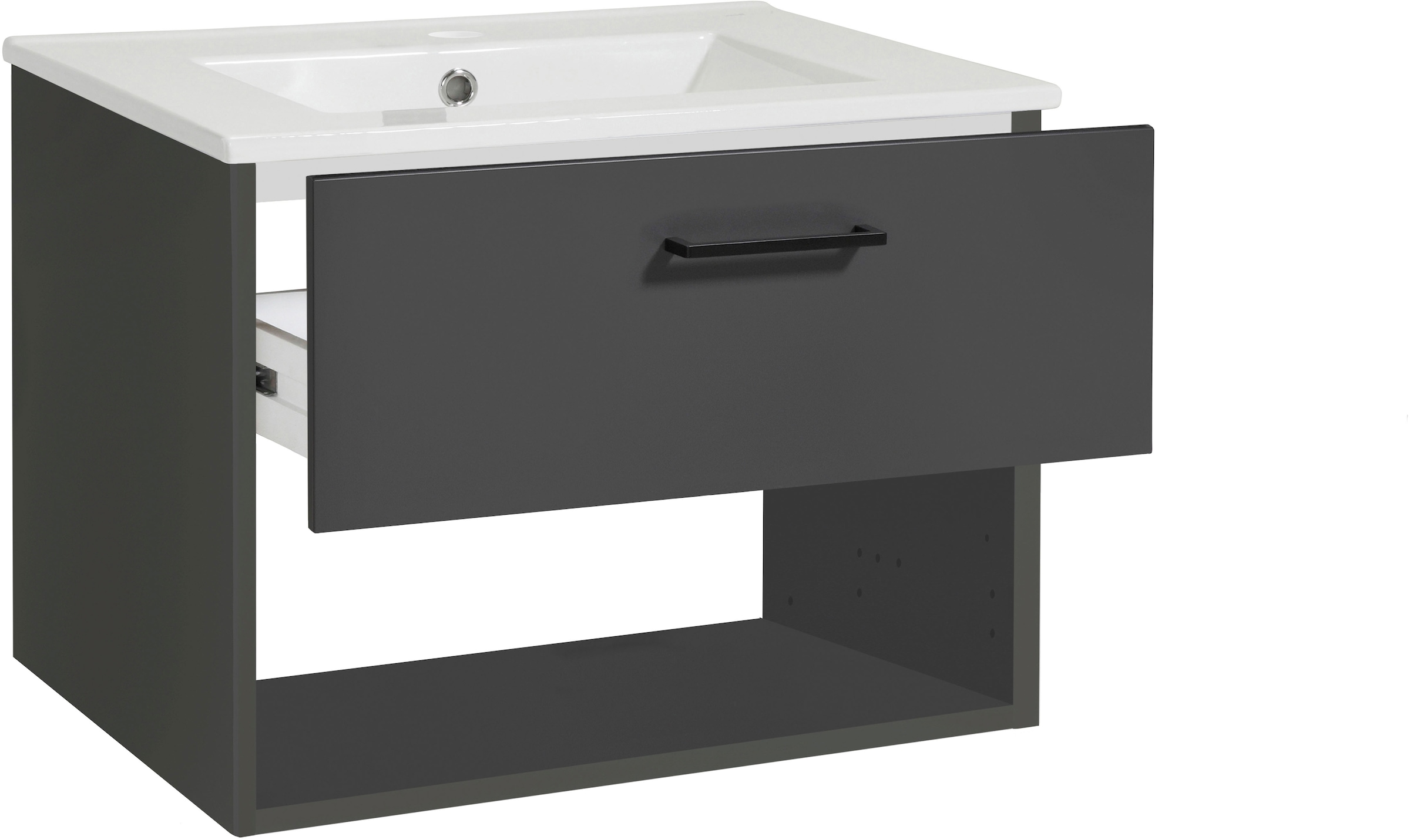 welltime Waschtisch »Trento Light mit Keramik-Auflagebecken«, 1 Auzug und 1 offenes Fach, Breite. 61cm, Anthrazit Matt
