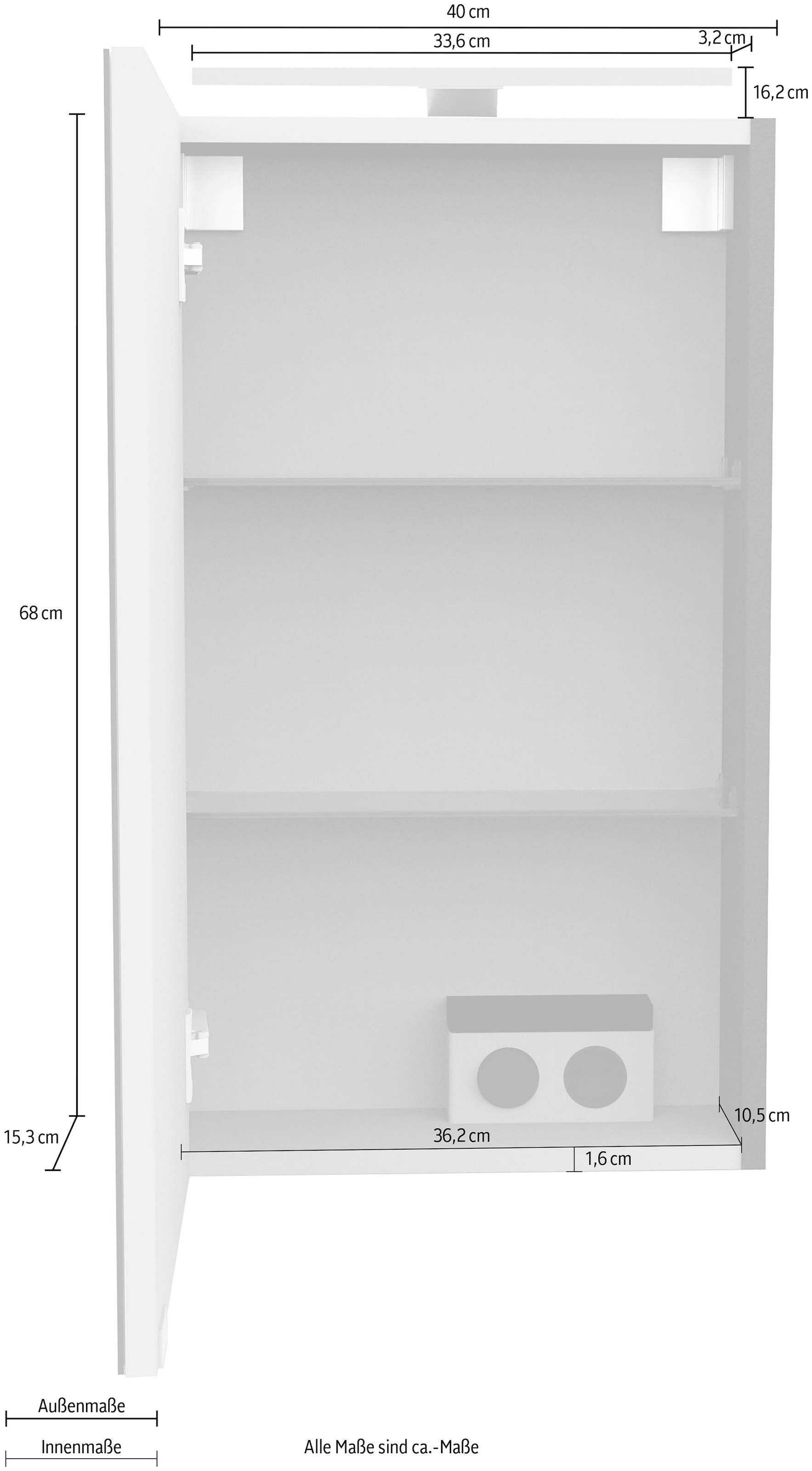 FACKELMANN Spiegelschrank »SBC«, (Spiegelschrank mit LED-Aufsatzleuchte), für das Gästebad, Schalter und Steckdose, Breite 40cm, Anschlag links