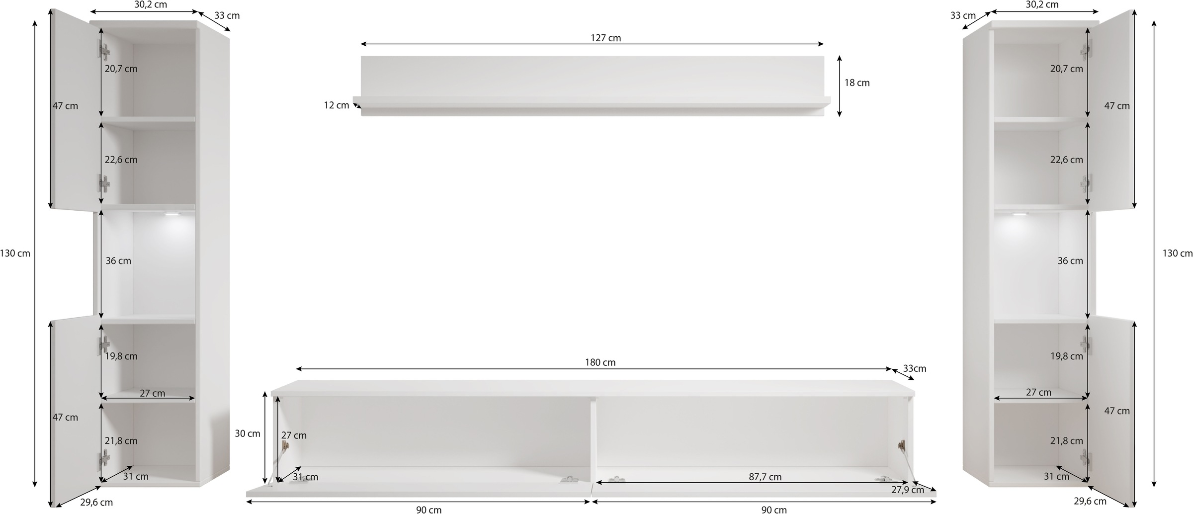 INOSIGN Wohnwand »PARIS, Vitrine Türanschlag links/rechts wechselbar«, (Komplett-Set, 4 St.), grifflose Design, stehend und hängend montierbar