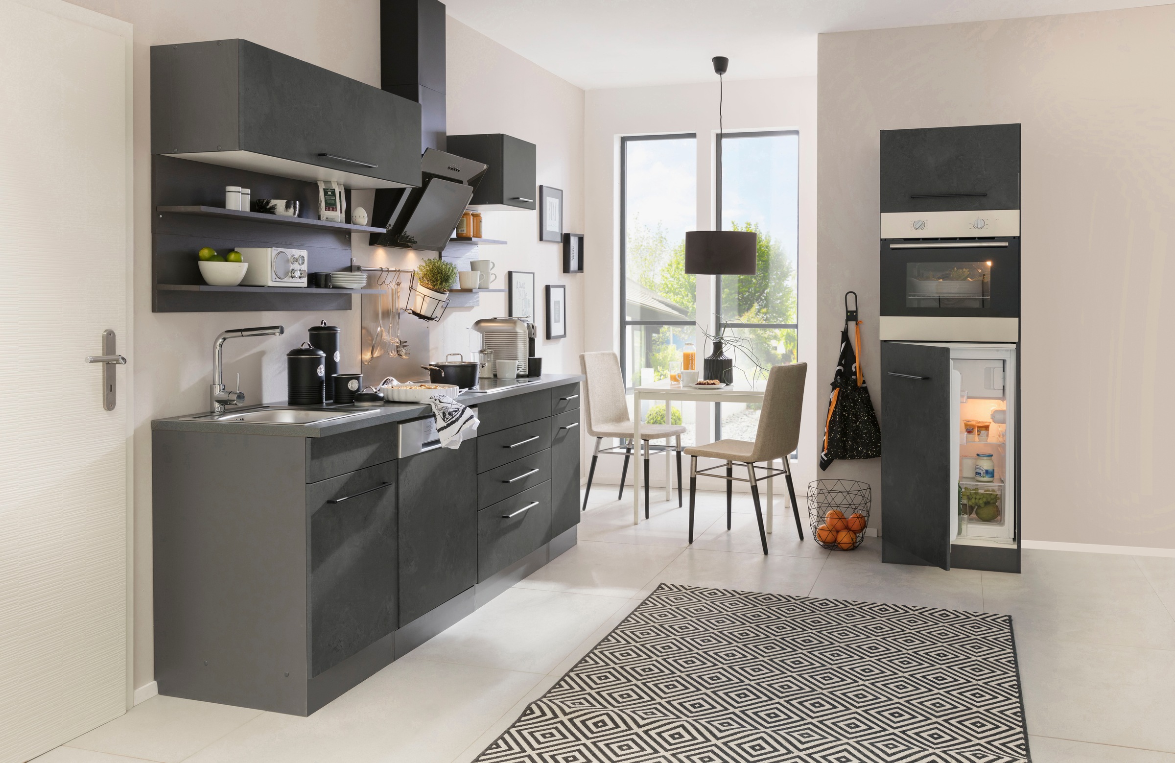 KOCHSTATION Küchenzeile »KS-Tulsa«, mit E-Geräten, Breite 290 cm, schwarze Metallgriffe, MDF Fronten