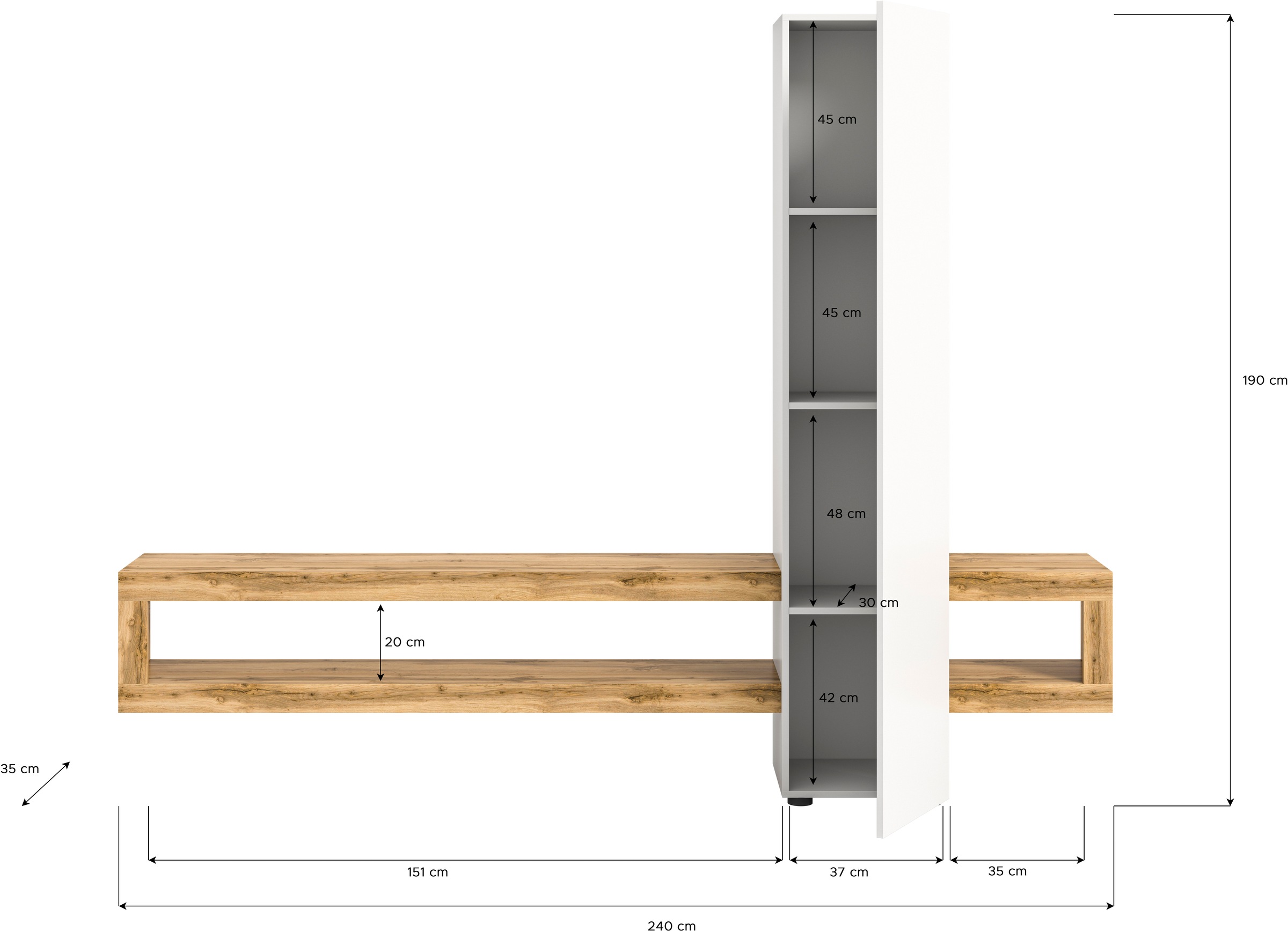 INOSIGN Wohnwand »Zolder, Breite 240 cm, push-to-open, 1 Tür, 3 Einlegeböden,«, (2 St.), 2 offene Fächer, TV-Wand, Media-Möbel, TV-Möbel, Wohnzimmermöbel