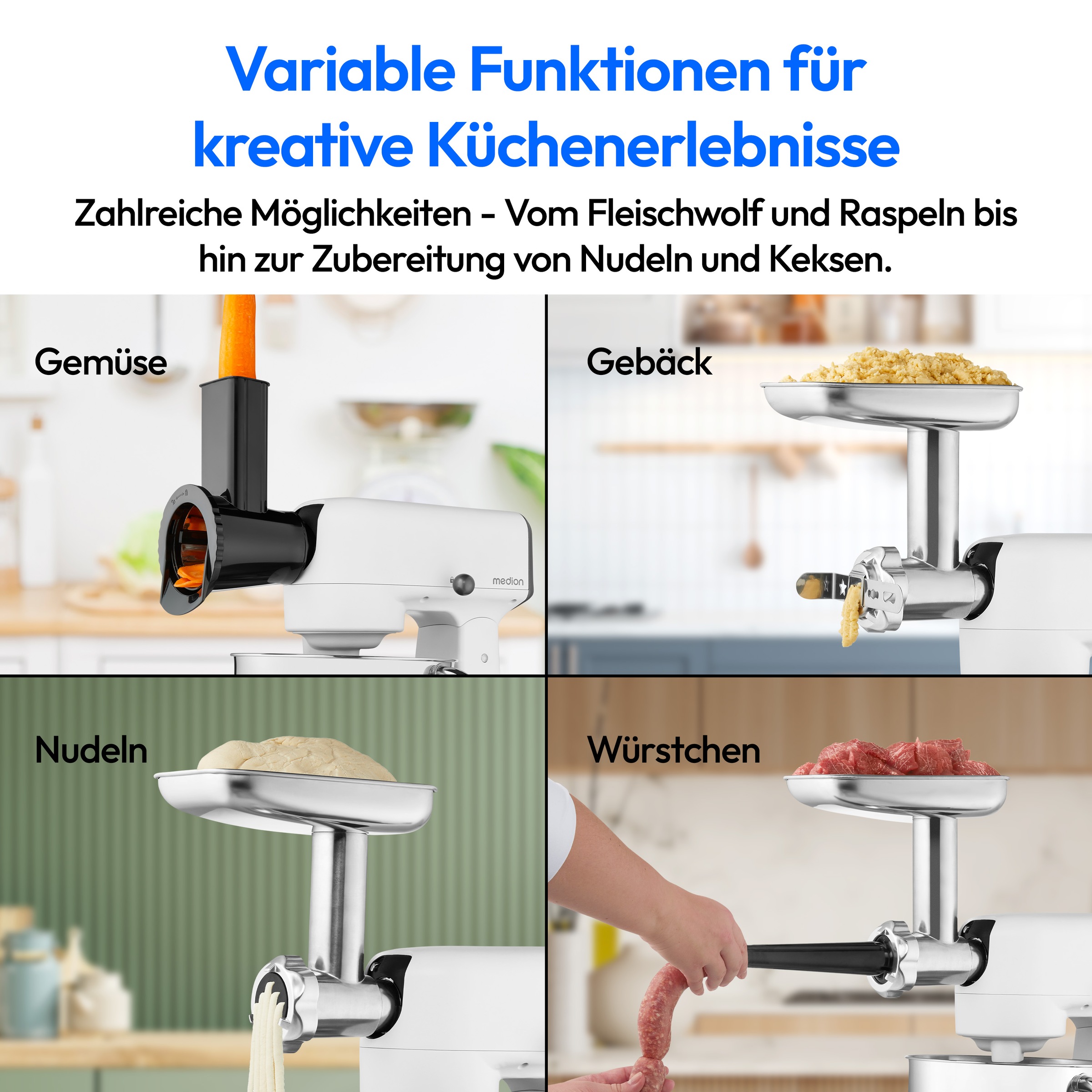 Medion® Küchenmaschine »MD 12600, 8 Geschwindigkeitsstufen, Impulsfunktion, DC-Motor, 4,6 L«, Mit umfangreichem Zubehör-Set, Fleischwolf-Aufsatz, Gemüsereibe