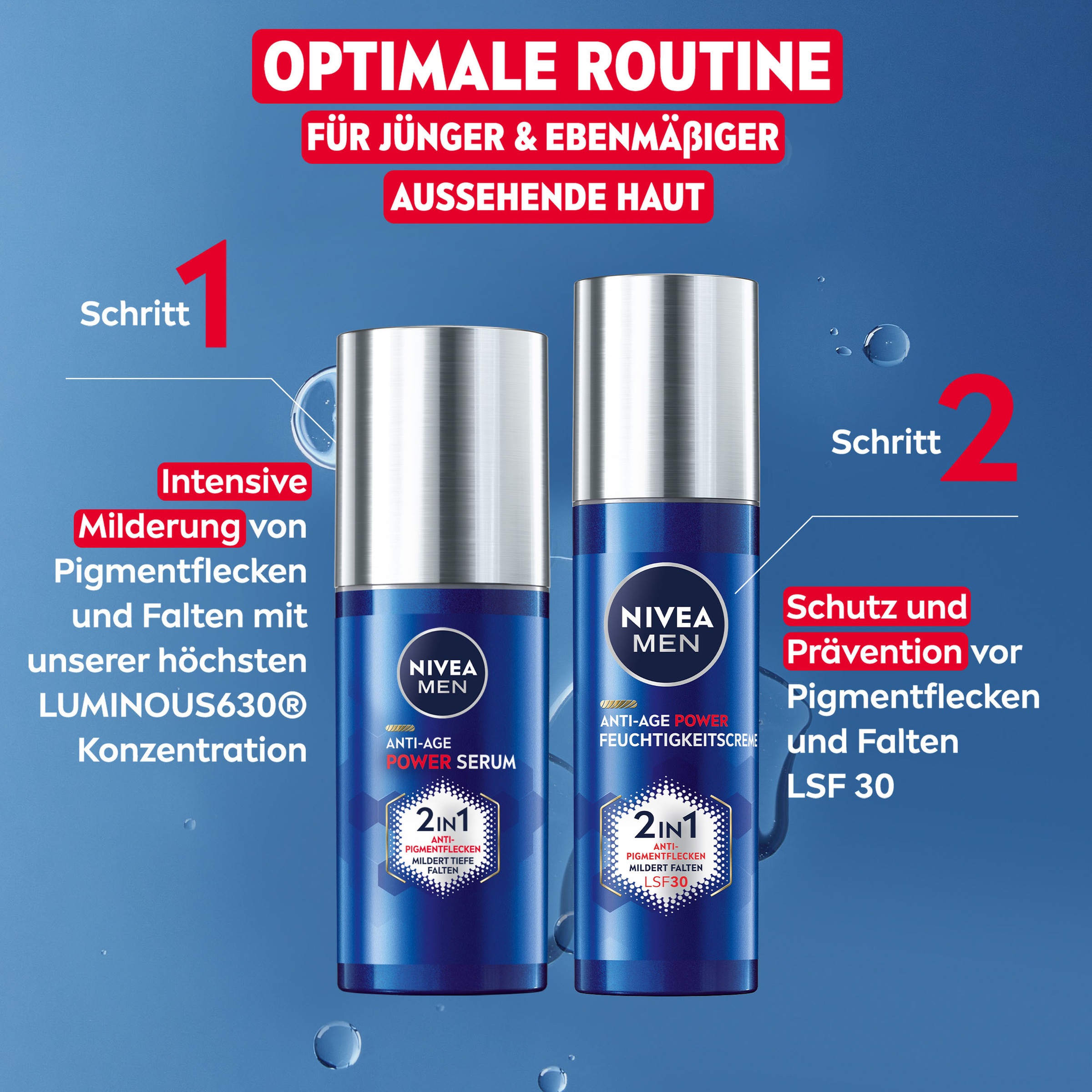 Nivea Men Pflege-Set »ANTI-AGE 2IN1 Power Serum & Feuchtigkeitscreme LSF30«, (2 tlg.), Hochwirksames Hyaluron, mildert Pigmentflecken und Falten.