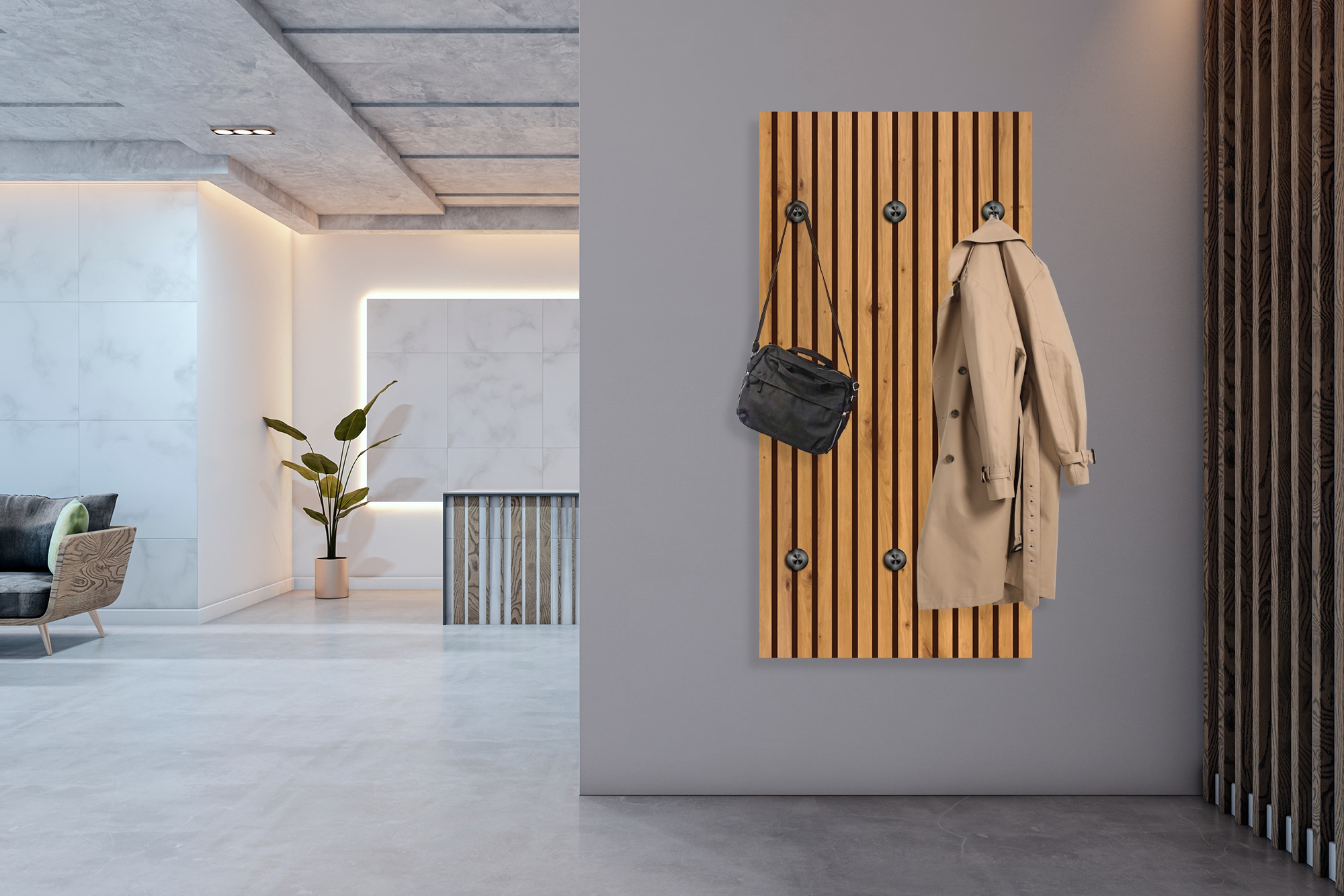 queence Wandgarderobe »Paneel Holz Optik« 1 Stk. tlg. Wandpaneel aus Acrylglas inkl. 6 Edelstahlhaken in schwarz matt