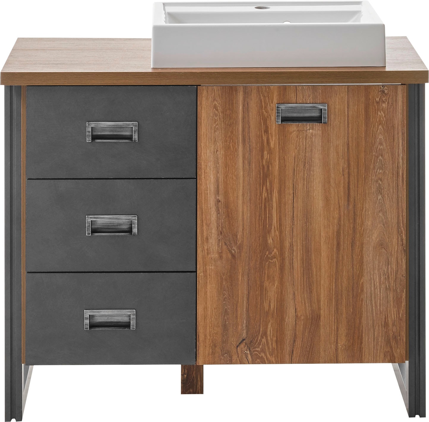 Home affaire Badmöbel-Set »Detroit, Bad im Industrialdesign, inkl. LED, 2-teiliges Badezimmer«, (2 St.), Waschtisch und Spiegel, inkl. Aufsatzwaschbecken aus Mineralguss