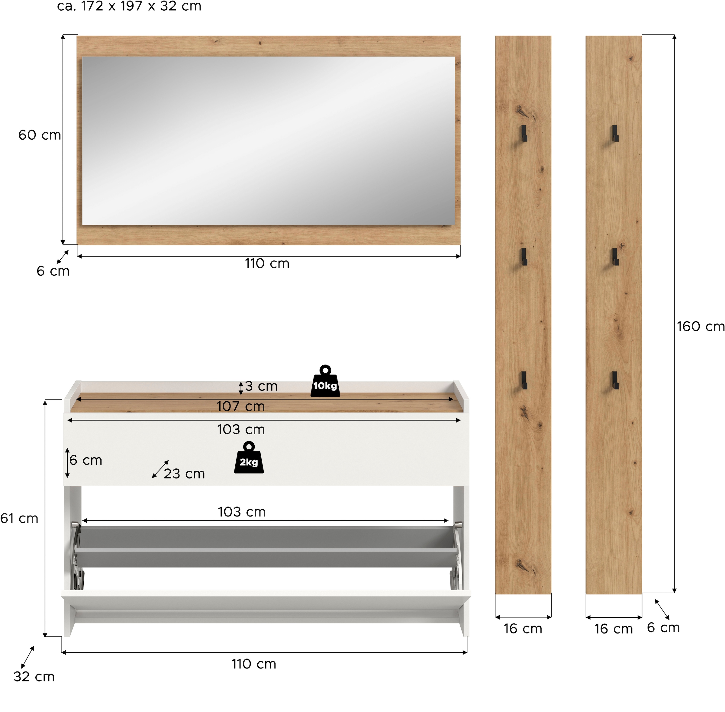 INOSIGN Garderoben-Set »EVRID, 4-teilig, Breite 172 cm, individuell hängbar & erweiterbar« best. aus: Kommode, Spiegel & 2x Hakenleiste, 4 Stk. tlg.