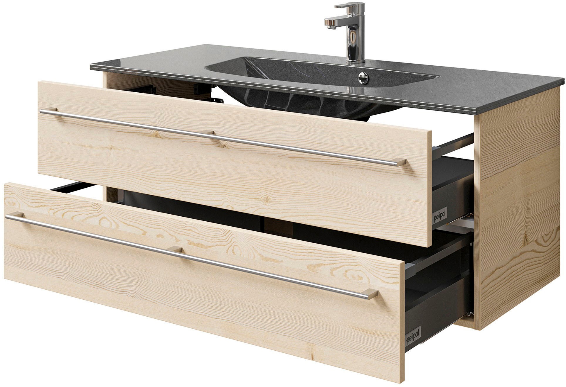Saphir Badmöbel-Set »Serie 6025 2-teilig Mineralmarmor-Waschtisch mit LED-Spiegelschrank«, (2 St.), Waschplatz 117cm breit, 2 Schubladen, 3 Spiegel-Türen, inkl Türdämpfer