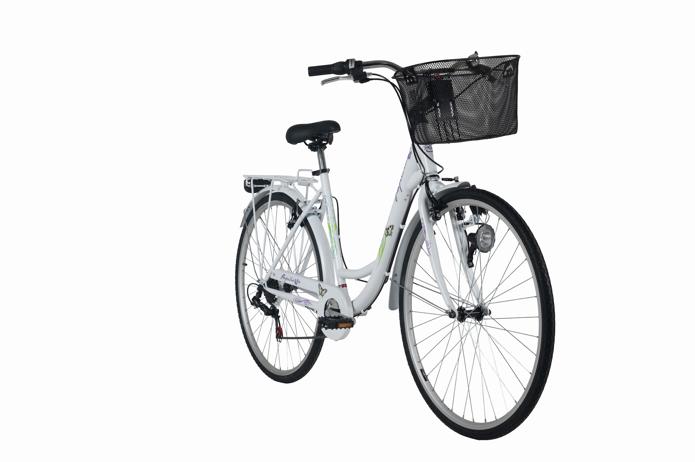 Dacapo Cityrad »DaCapo Citybike 28'' Papilio weiß-Lila mit Korb RH 48 cm« 6 Gang Shimano Tourney Schaltwerk Kettenschaltung