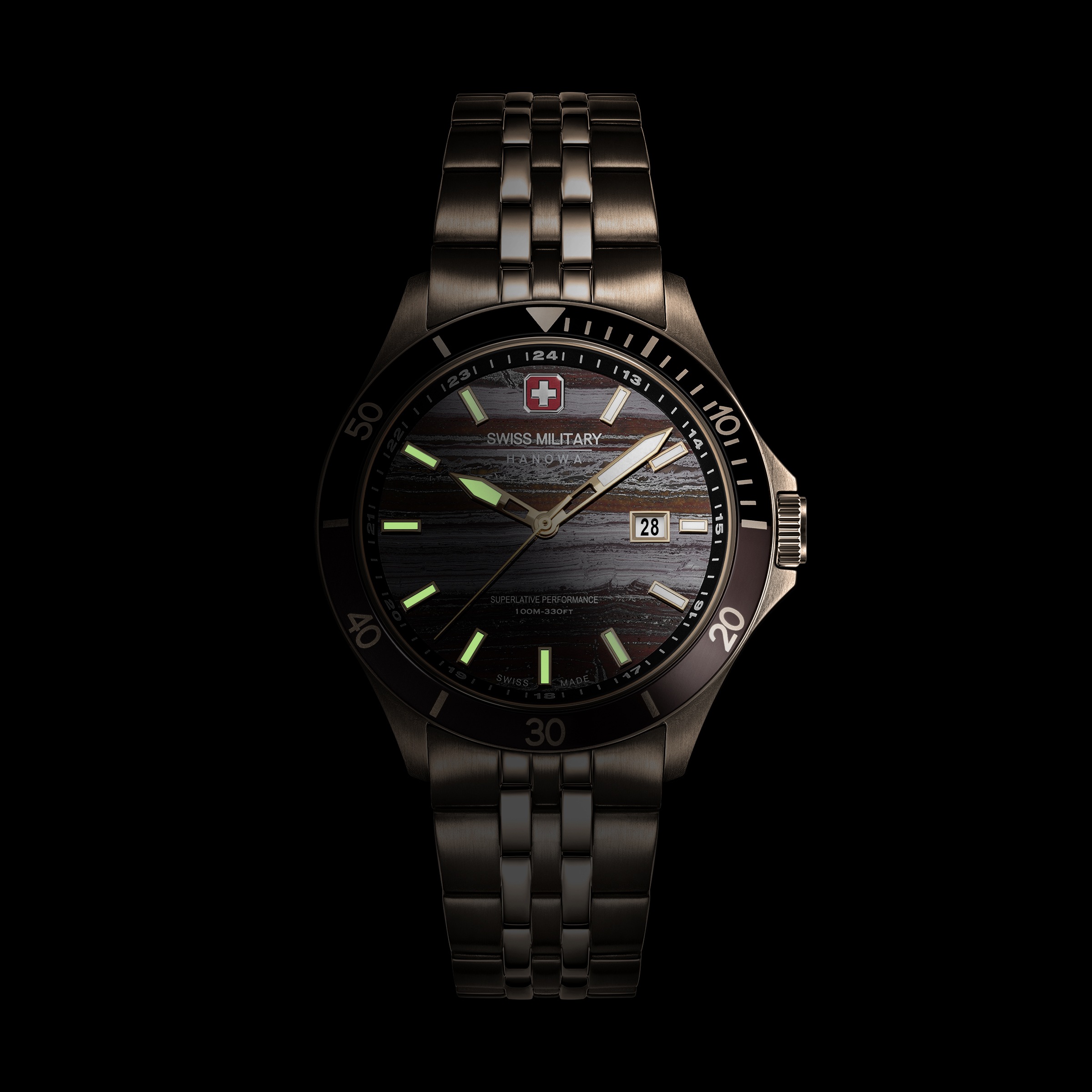 Swiss Military Hanowa Quarzuhr »Flagship Tiger Iron« Armbanduhr, Herrenuhr, Swiss Made, Edelstahlarmband, analog, Tag