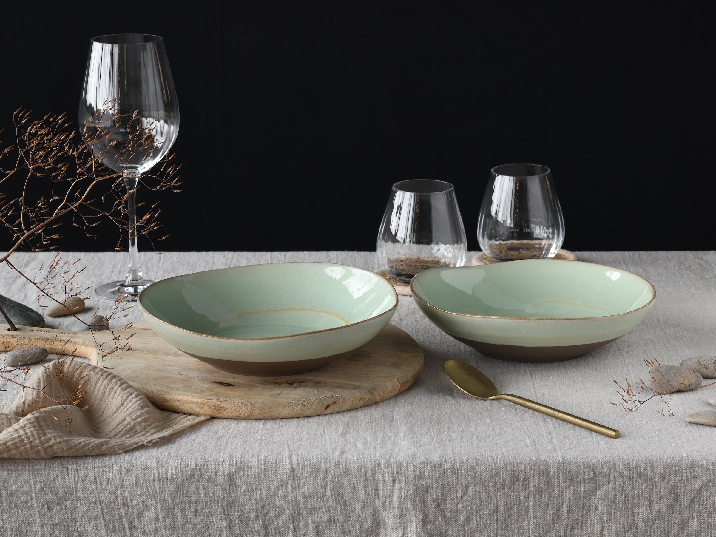 CreaTable Schale »Basalt Bio, Pasta Bowl 2-tlg«, 2 tlg., aus Steinzeug, Organische Form, Jedes Teil ein Unikat