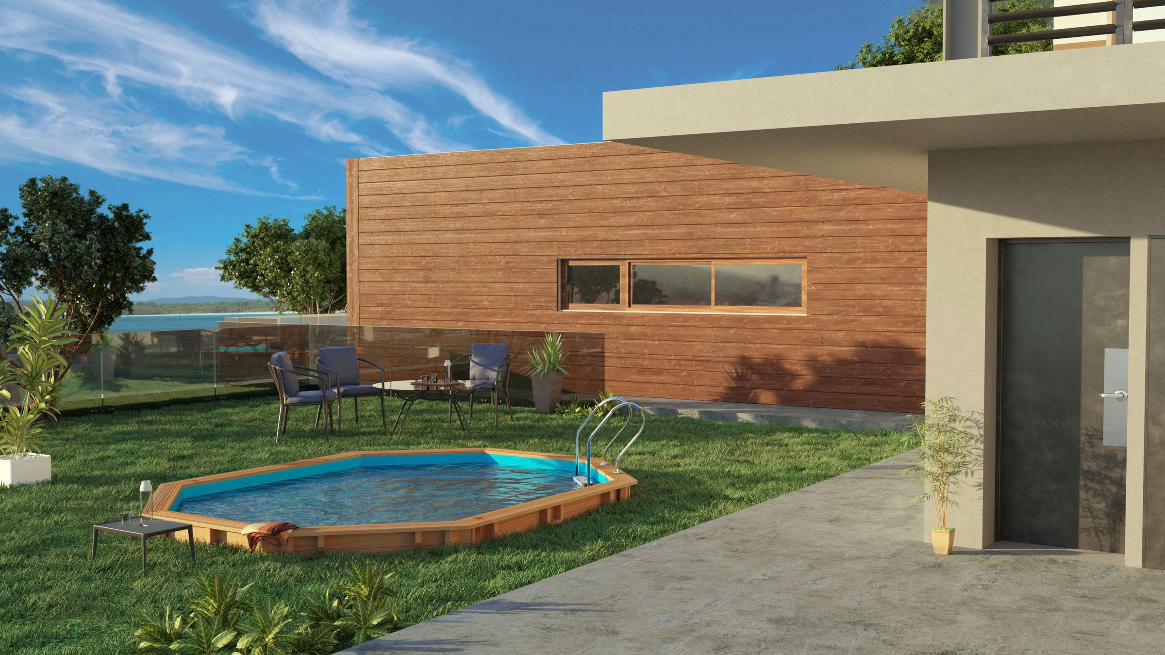 Gre Achteckpool »BAMBU mit Edelstahlleiter« Kiefernholz, BxLxH: 335x535x130 cm