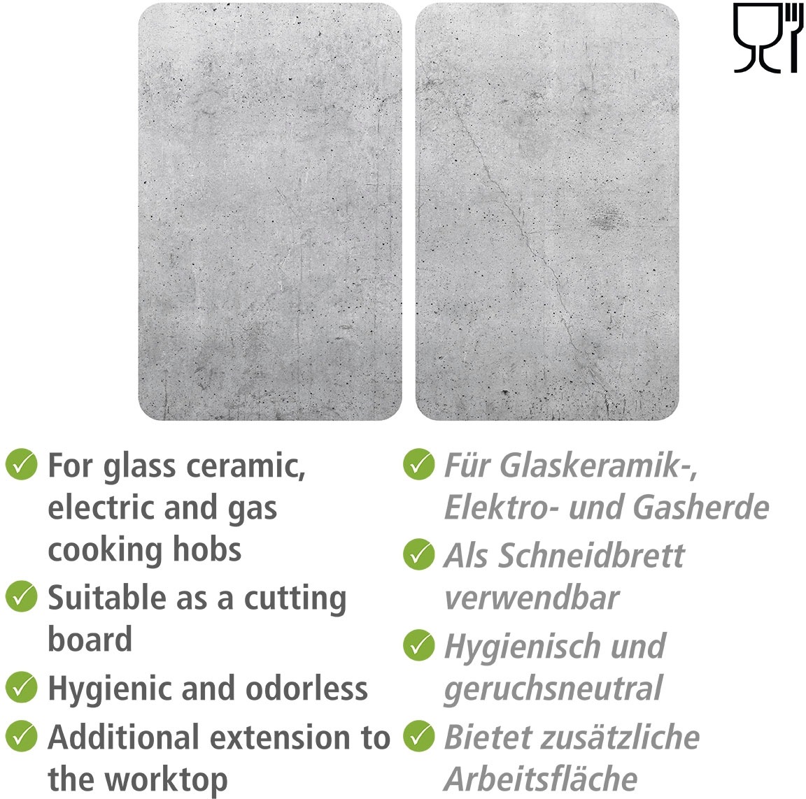 WENKO Herd-Abdeckplatte »Universal Modell XL Beton«, (2 tlg., 2er Set), Herdabdeckung für alle Herdarten, kratzfest, mit rutschfesten Füßen