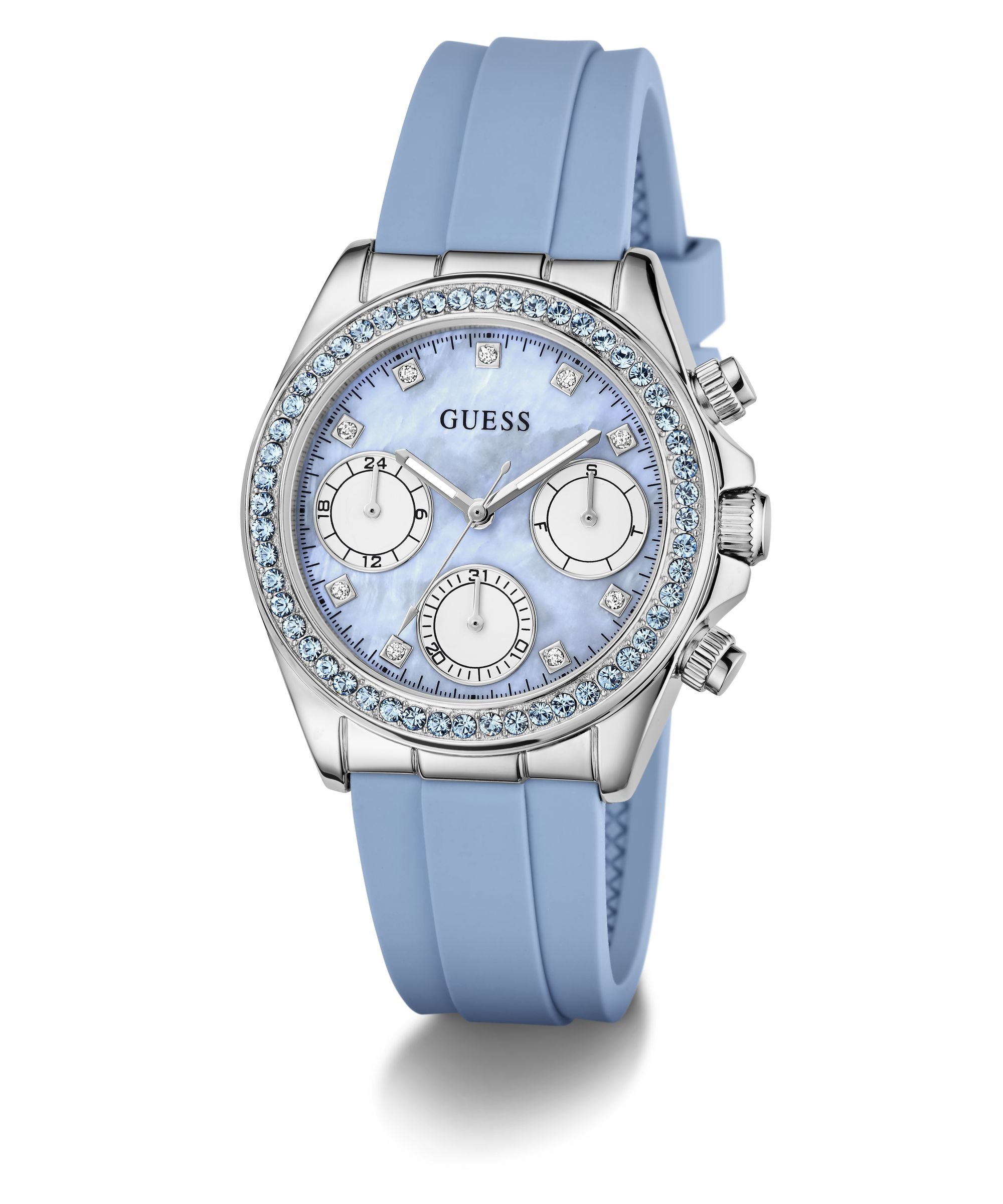 Guess Multifunktionsuhr »VICTORIA« Quarzuhr, Armbanduhr, Damenuhr, Silikonarmband, analog, Wochentag, Tag