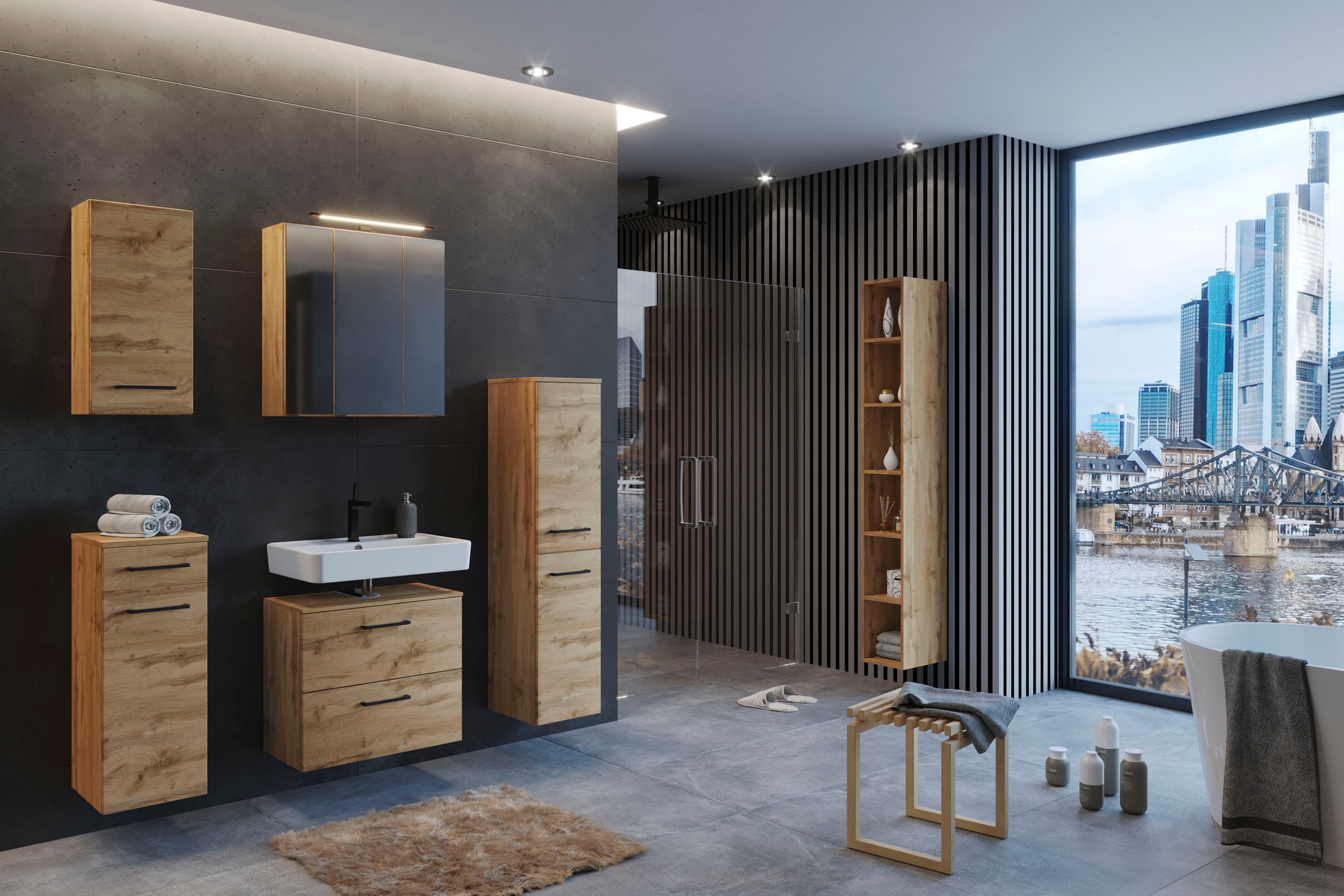 welltime Waschbeckenunterschrank "Stubach", Bad Schrank, Abdeckplatte mit B günstig online kaufen