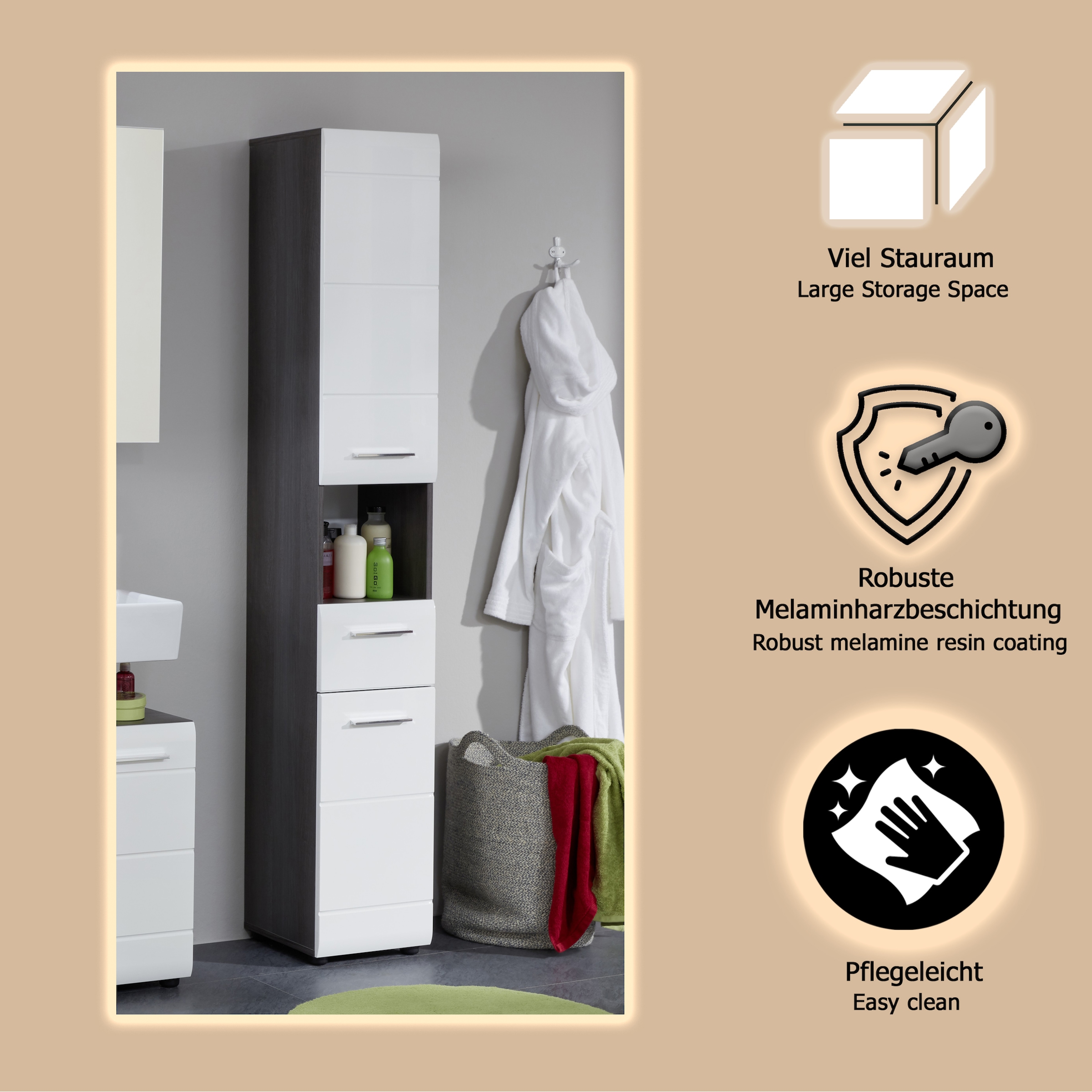 welltime Hochschrank »Sovana« Badezimmerschrank in Hochglanzoptik - (B/T/H) 30/31/182 cm