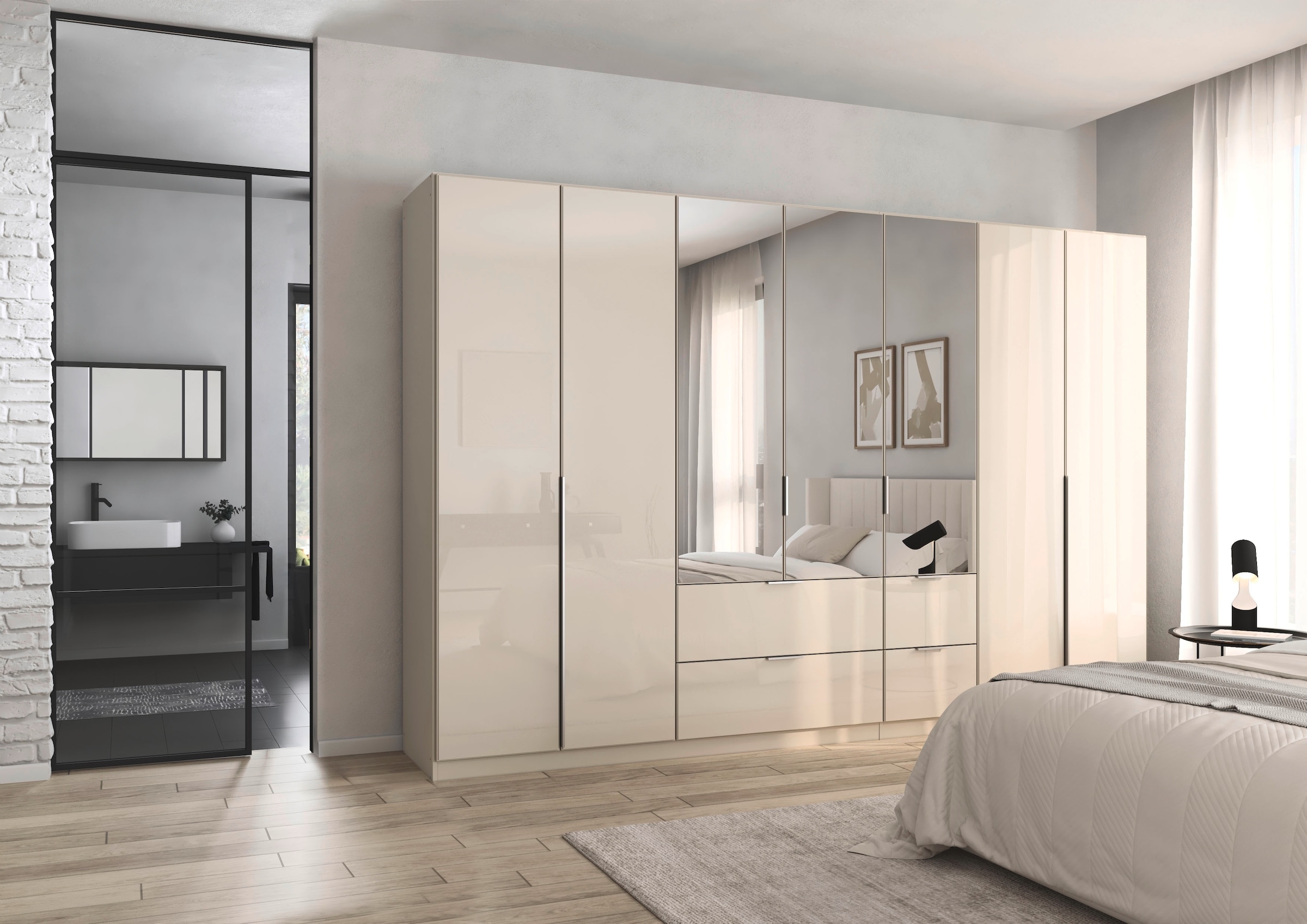 rauch Drehtürenschrank »Kleiderschrank Kleiderschränke Schrank Garderobe AGORDO mit Glasfront«, (in zwei Griff-Farben mit Glasfront), mit Außenschubkästen, in 6 Breiten und 2 Höhen MADE IN GERMANY