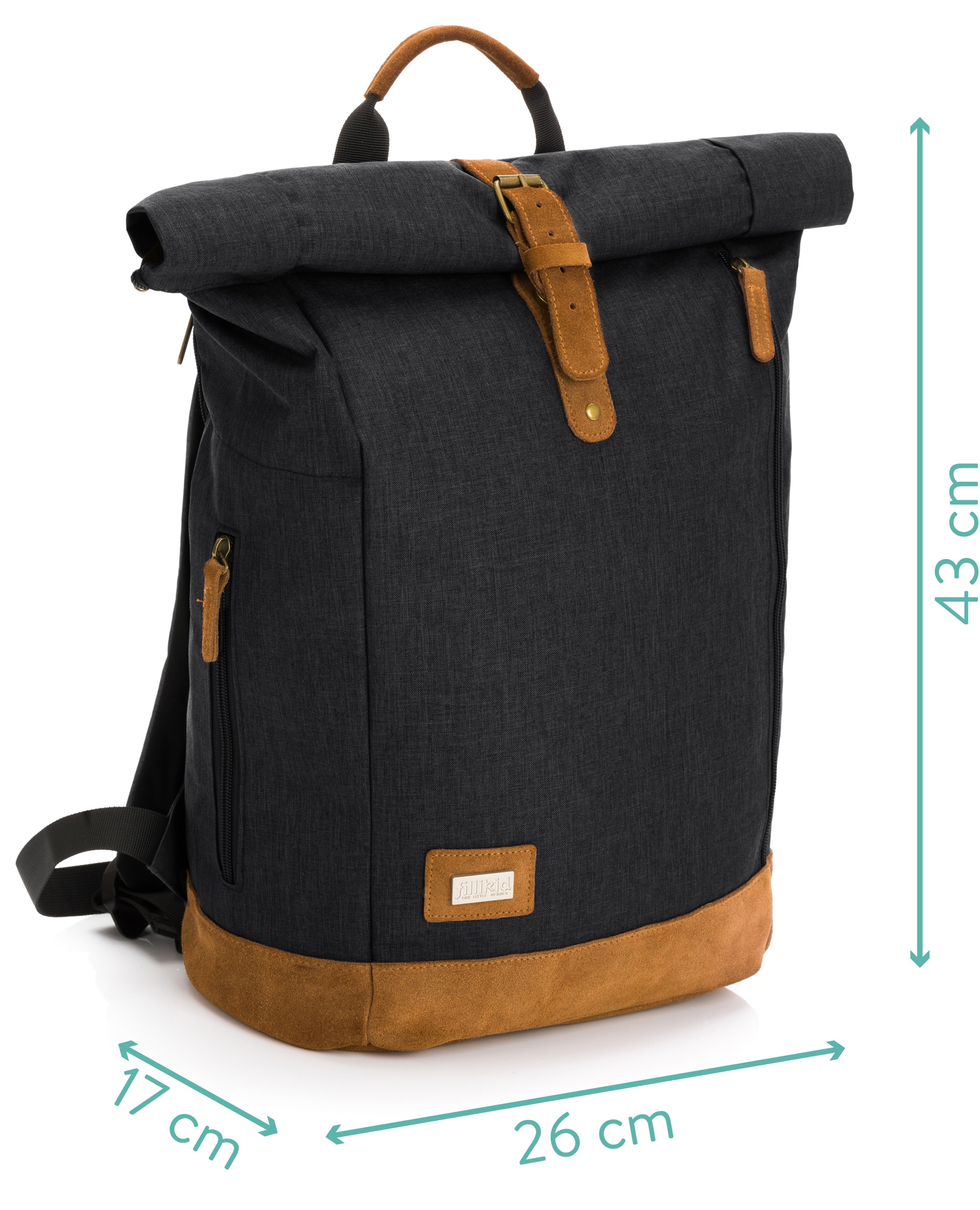 Fillikid Wickelrucksack »Rolltop Berlin, schwarz melange«, Reflektoren, inkl. Wickeltunterlage