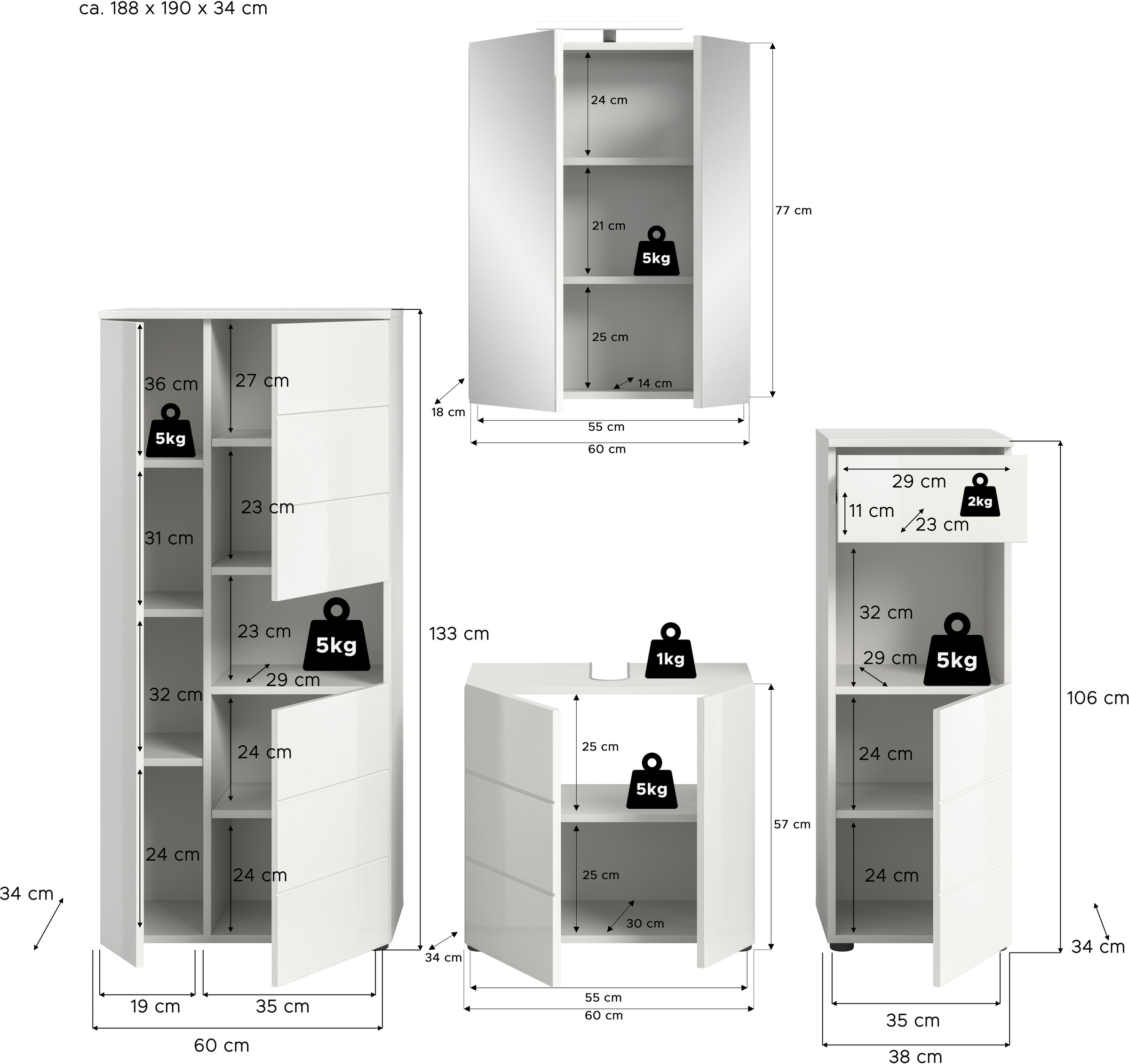 welltime Badmöbel-Set »Biel, Höhe 190 cm,Hochschrank,WBU, Spiegelschrank, Unterschrank, Lampe«, (5 St.), Bad Set, modernes Design, Unterschrank, Spiegel, Aufsatzleuchte