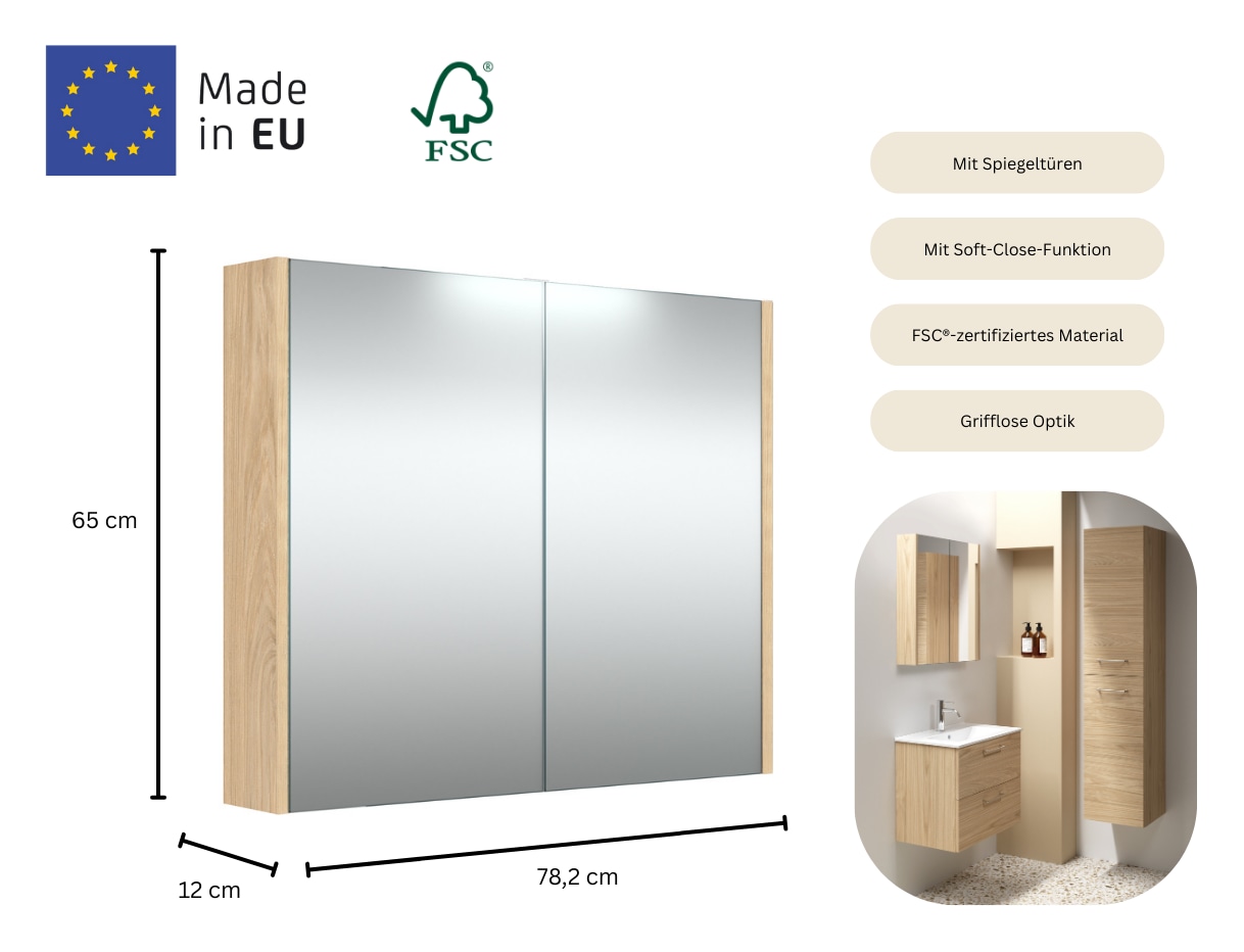 welltime Spiegelschrank »Scandic«, verspiegelt, mit Soft-Close-Funktion, verschiedene Breiten, FSC®