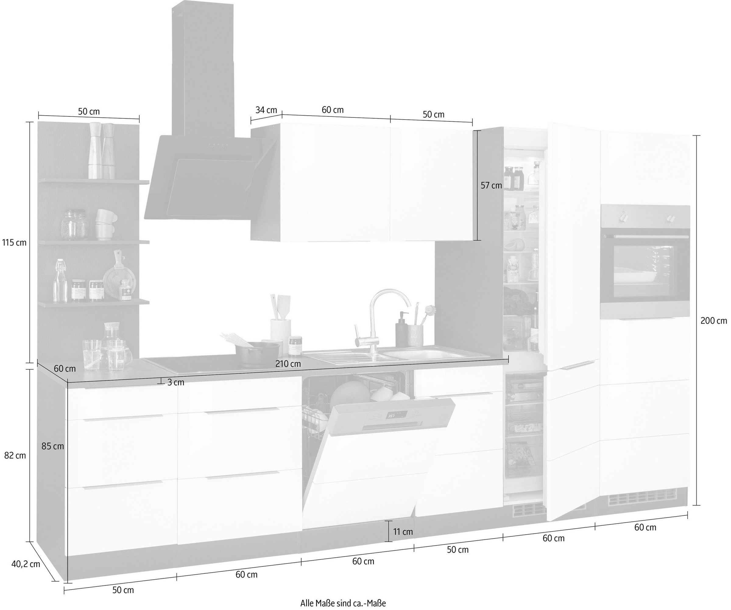 KOCHSTATION Küchenzeile »KS-Brindisi Breite 340 cm«, wahlweise mit E-Geräten und Induktion, mit MDF-Fronten und Regal