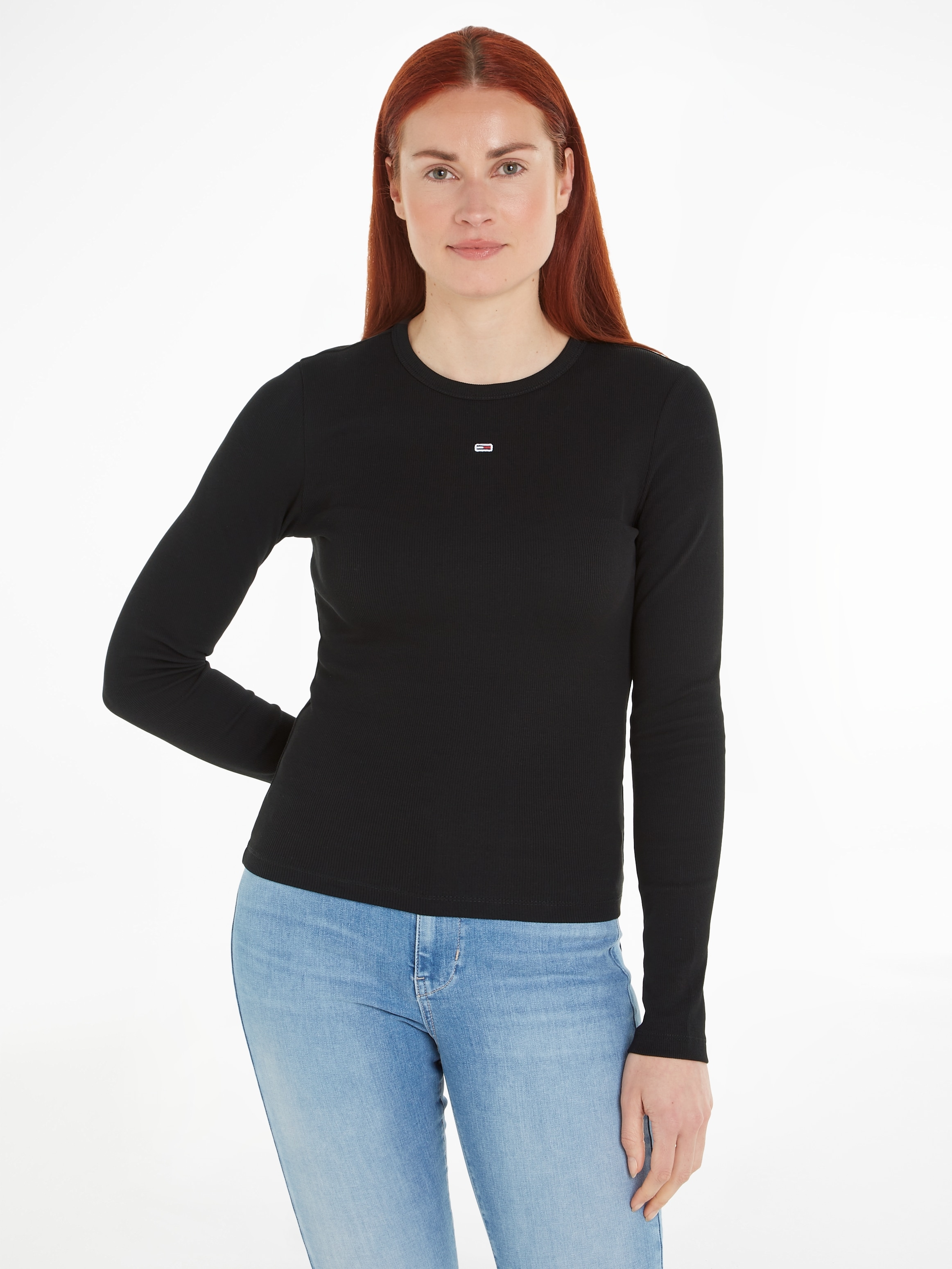 Tommy Jeans Langarmshirt »Slim Essential Rib Longsleeve Rippshirt«, mit  Logostickerei bestellen | Poloshirts