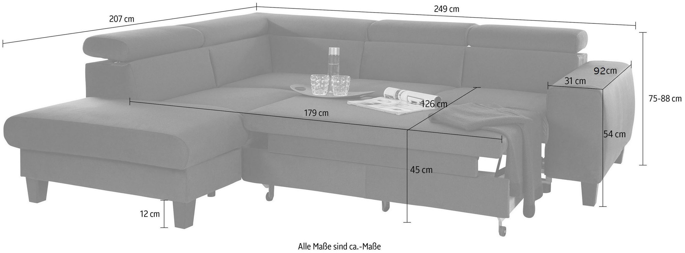 COTTA Ecksofa »Morven L-Form mit Kopfteilverstellung«, wahlweise mit Bettfunktion, Bettkasten & Wireless-Charger