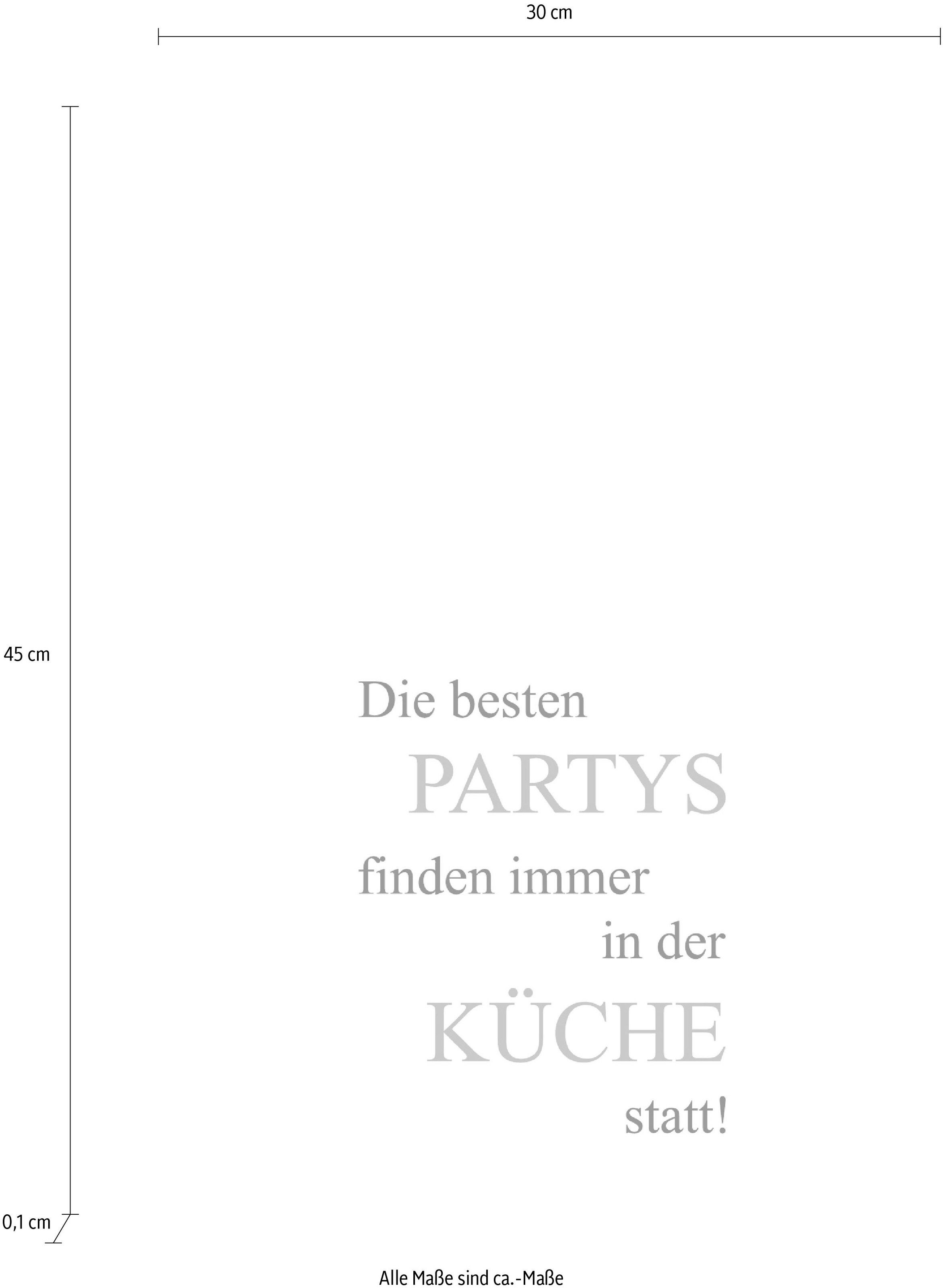 »Partys online Küche«, Schriftzug bestellen Stahlblech und queence auf Wanddekoobjekt