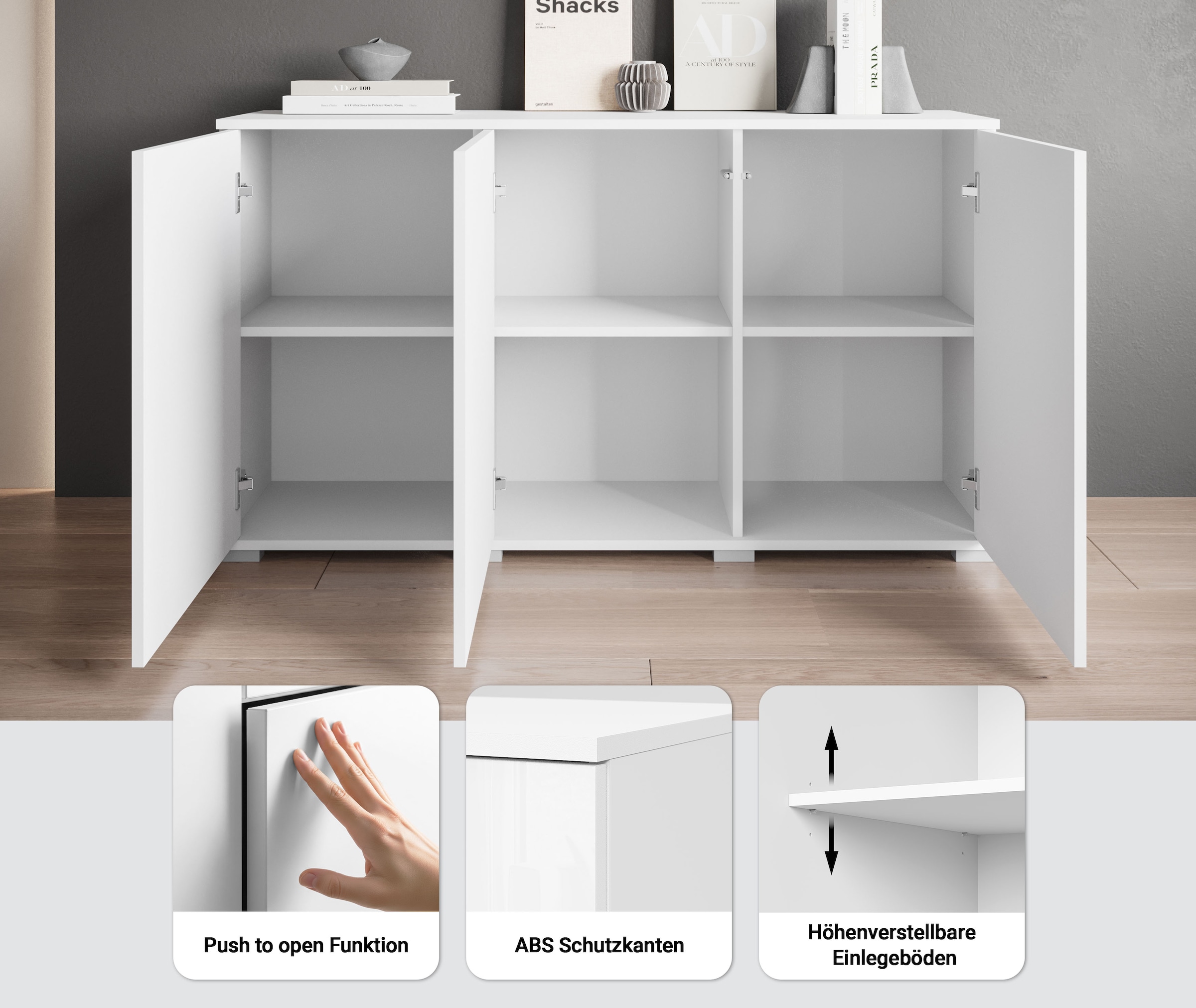 OTTO home Sideboard »Kenia, moderne grifflose Kommode mit 3 Türen, Breite 120 cm« 1 Stk. tlg. Push-to-Open-Fronten, höhenverstellbaren Einlegeböden