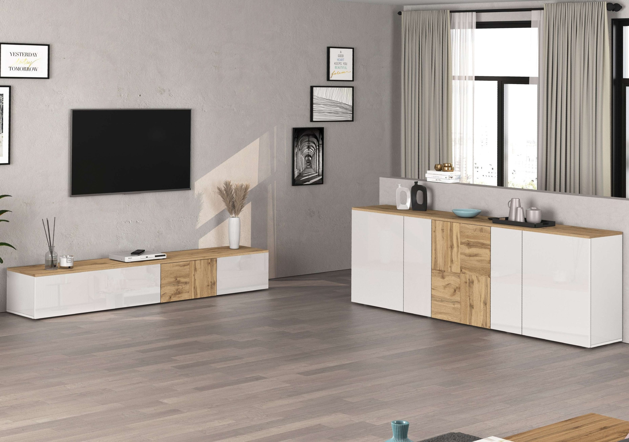 INOSIGN Sideboard »Sideboard ISEO, Kommode, Schrank, Kredenz« 1 Stk. tlg. stehend/hängend, 5 Türen HG lackiert, 6 Fächer, B 200 cm