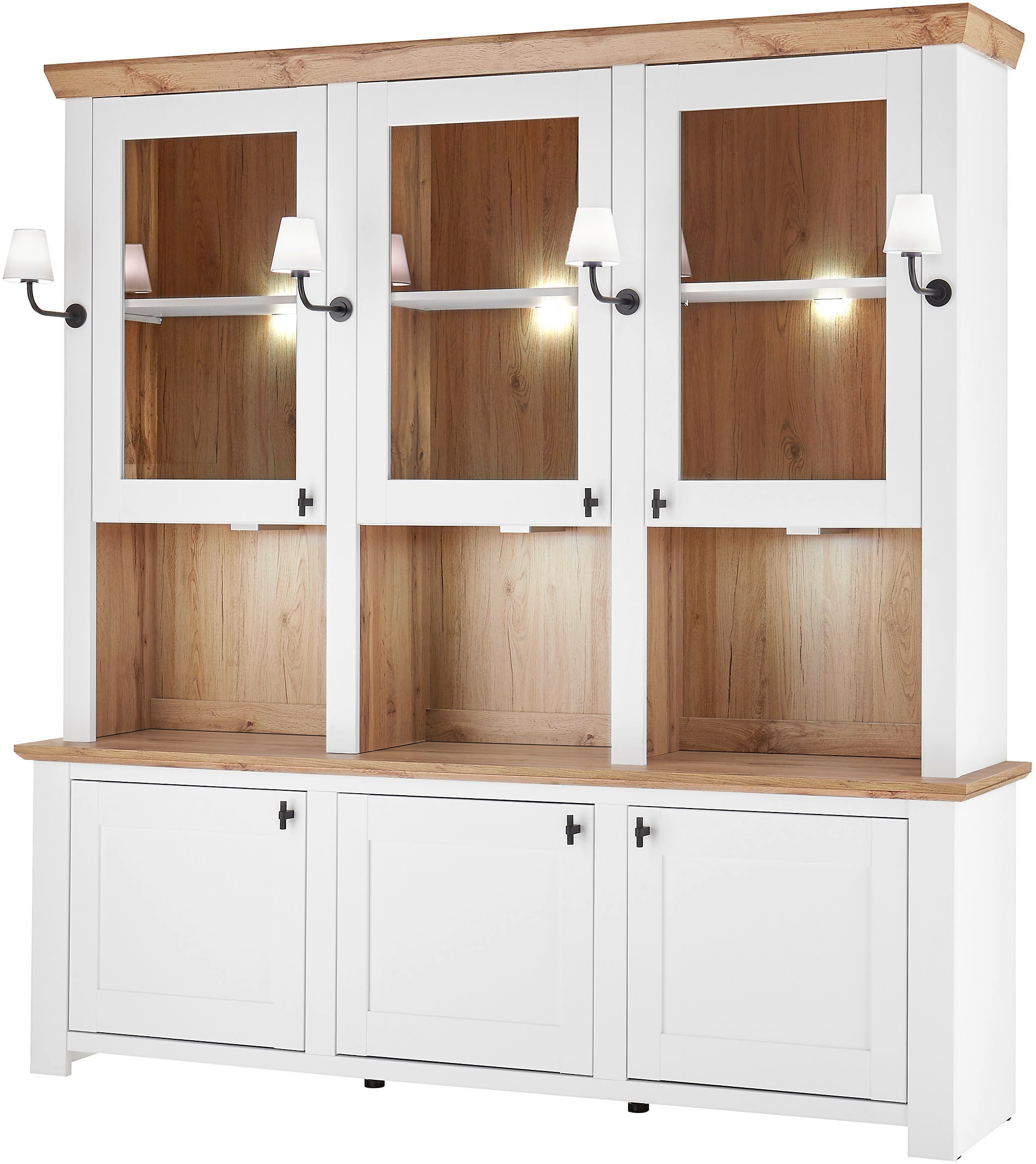 Home affaire Buffet »Bristol, Bücherschrank im Landhausstil, moderner Hochschrank« schwarze Metallgriffe, elegante Kranzoptik, mit Beleuchtung
