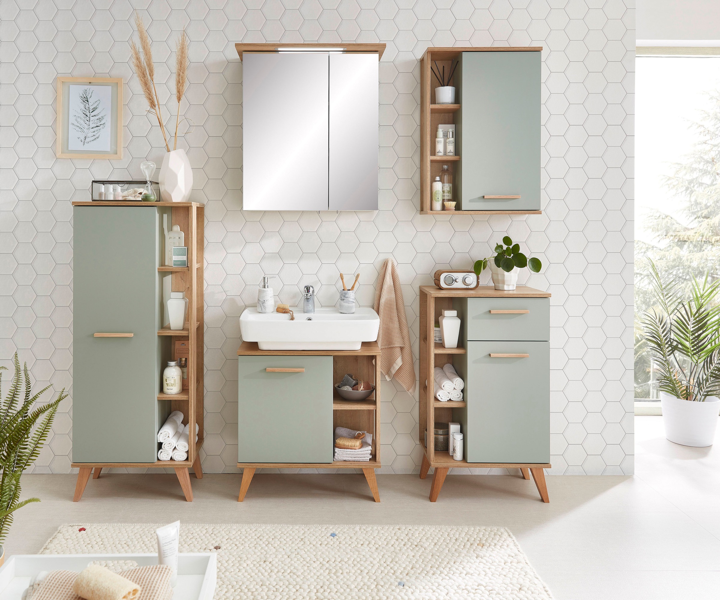 Saphir Midischrank »Quickset Badschrank 50,5 cm breit, 1 Tür, seitliche Ablagen«, Badezimmer-Midischrank inkl. Türdämpfer, Griffe in Holz