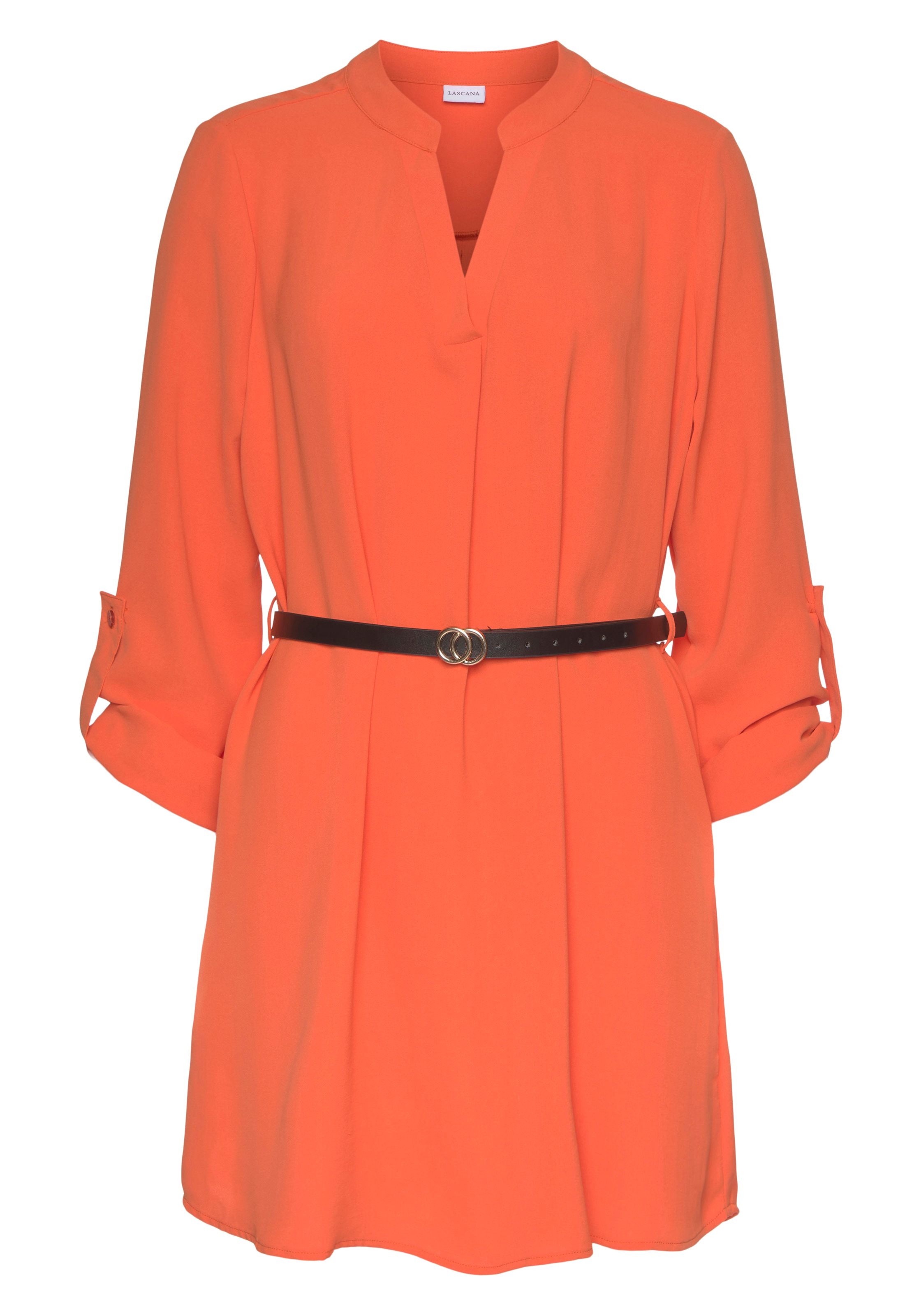 LASCANA Longbluse, (mit Gürtel in Lederoptik), aus gekreppter Ware, lockeres Blusenkleid, elegant-chic